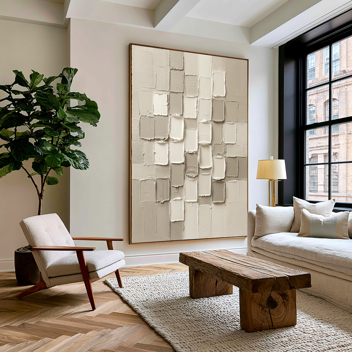 Large Elegant Neutral Textured Wall Art White Beige Abstract Oil Painting 3D Geometric Relief Modern Minimalist Luxury Home Decor