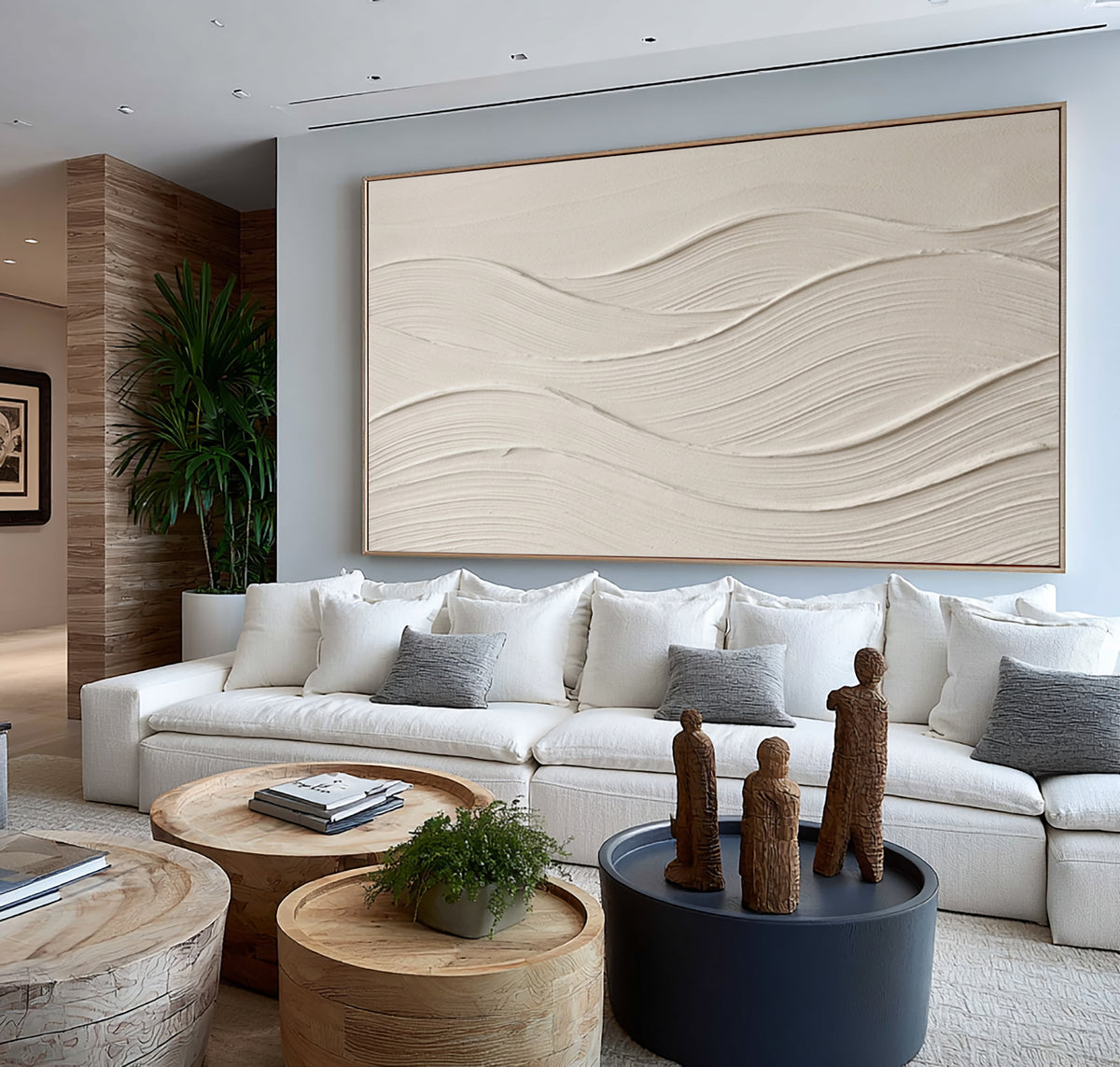 Large Modern Abstract Flowing Waves Wall Art White Textured Oil Painting Minimalist Neutral Coastal Artwork Contemporary Home Decor 