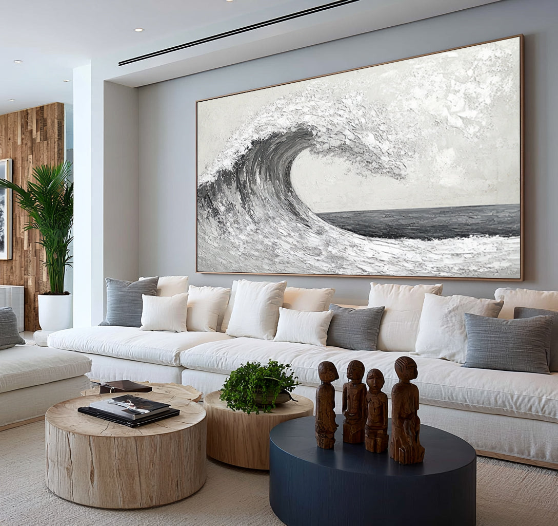Wave In Motion Textured Ocean Artwork Handmade Monochrome Seascape Large Coastal Wall Painting Modern Decor