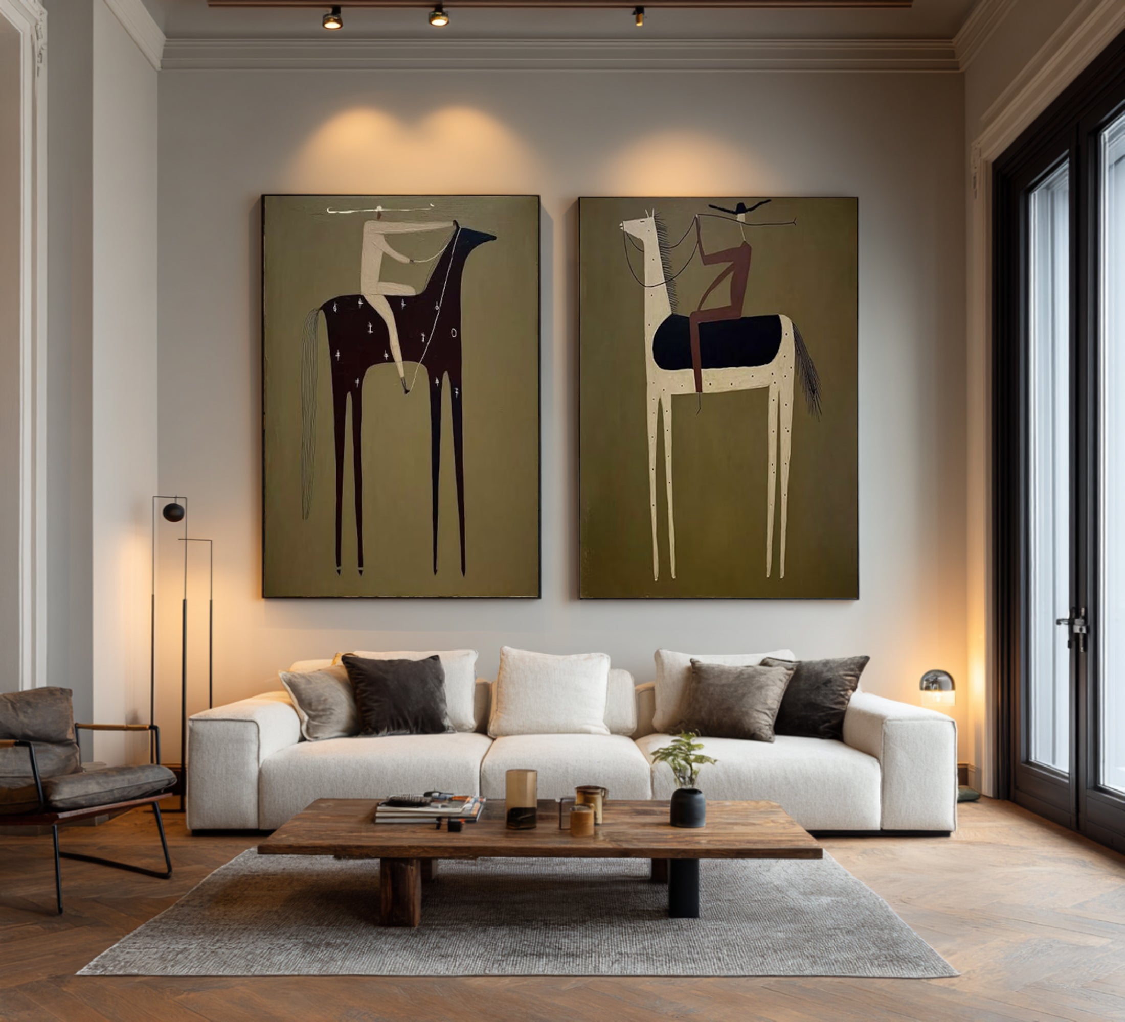 Large Luxury Horse Rider Canvas Art Contemporary Neutral Diptych Painting