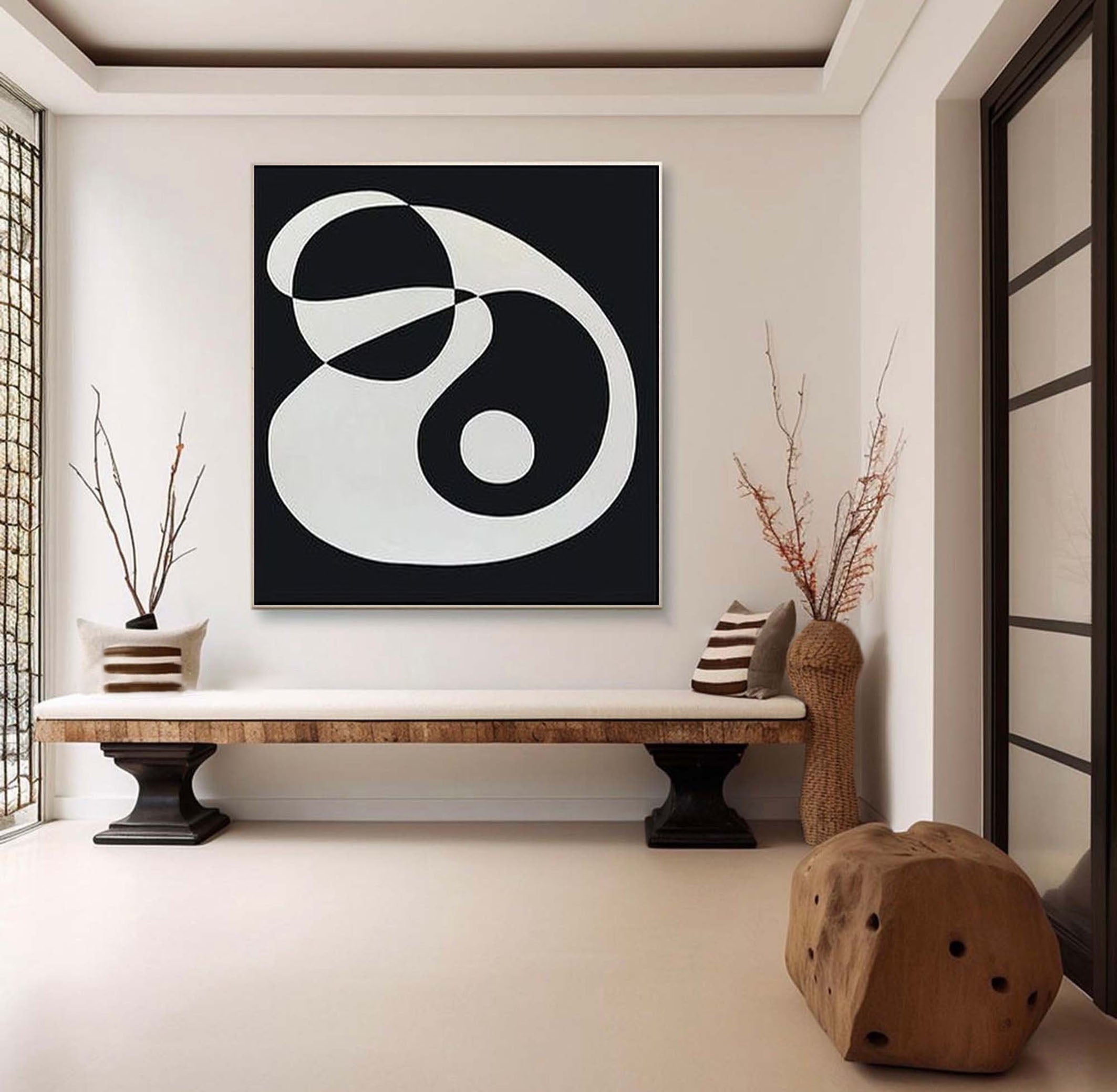 Monochrome Fluidity Modern Black & White Circular Art #MM079