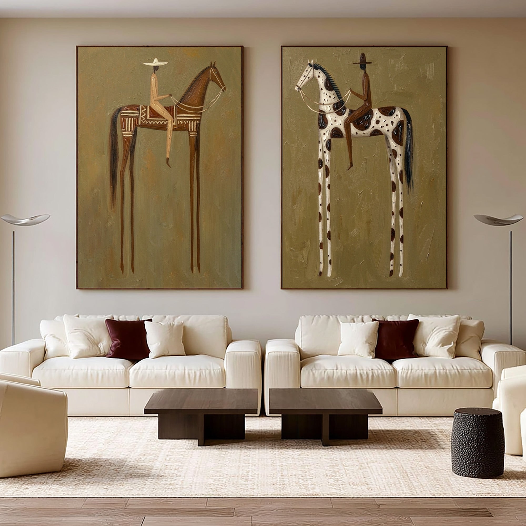 Large Cowboy Horse Wall Art Modern Western Heritage Diptych Canvas
