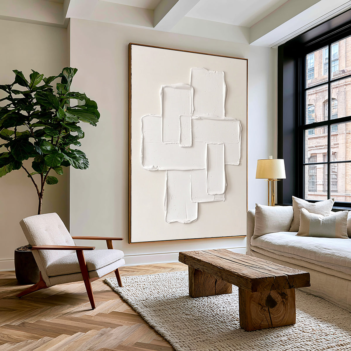 Large Neutral Abstract Spatial Forms Wall Art Ivory Cream Oil Painting Modern Sculptural Texture Raised Geometric Composition Minimalist Contemporary Luxury Interior Decor