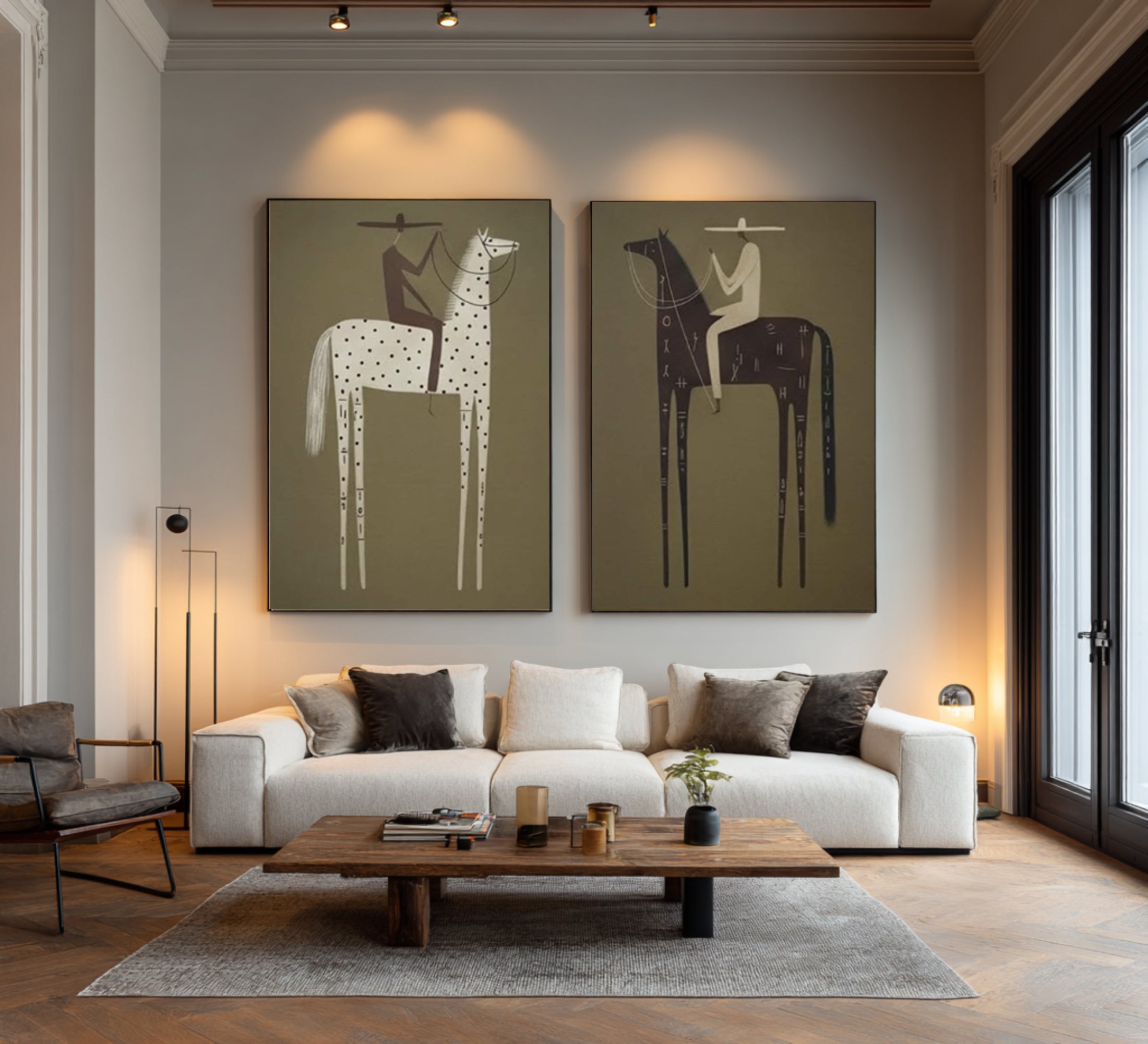 Large Folk Art Horse Paintings Contemporary Minimalist Diptych