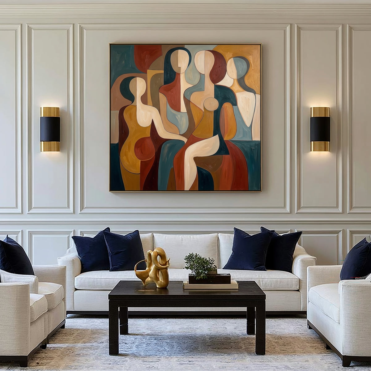 Large Geometric Abstract Female Figures Wall Art Modern Cubist Inspired Oil Painting Colorful Figurative Portrait Contemporary Living Room Decor