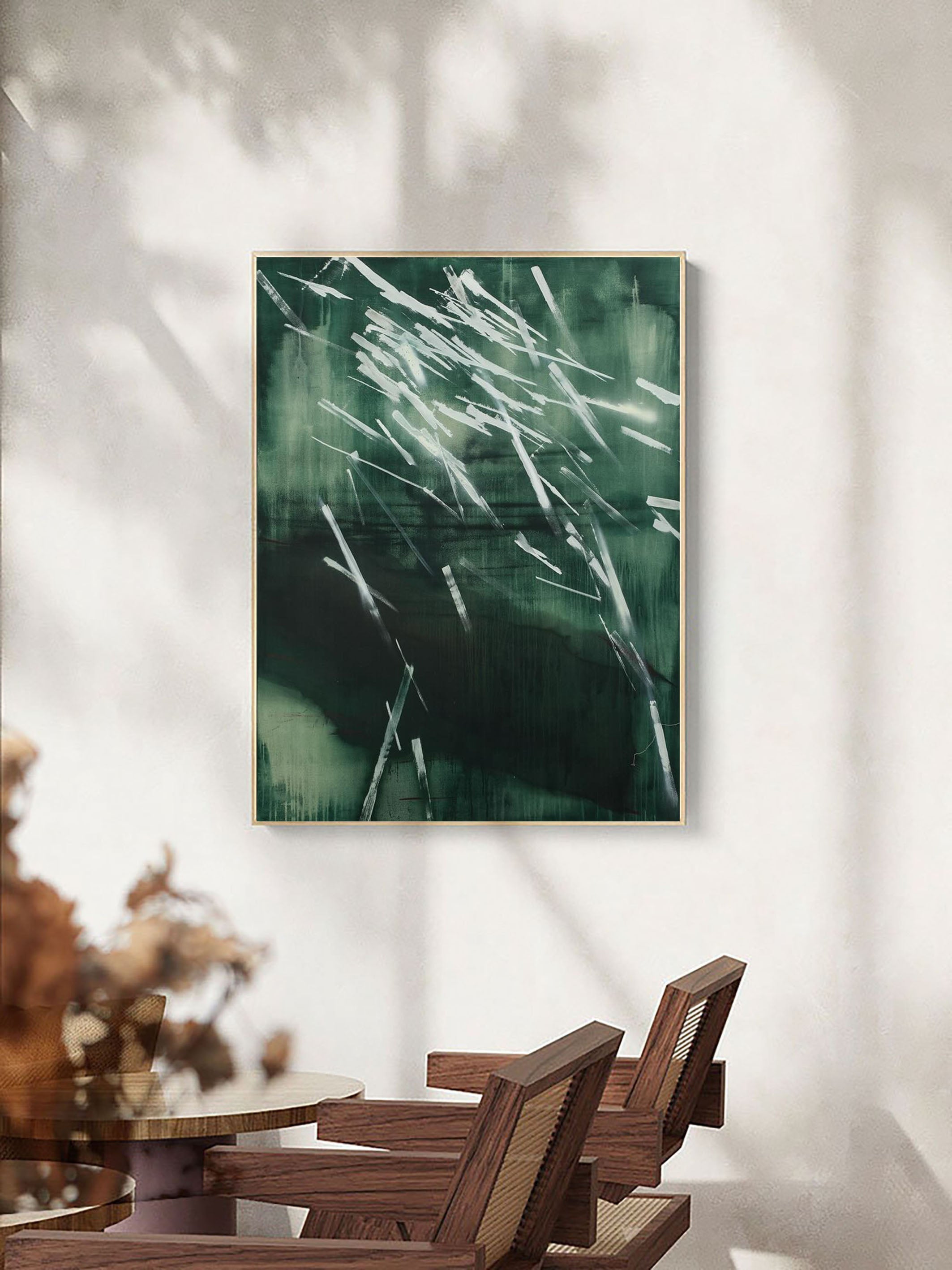 Abstract Nature Wall Art in Deep Green Dynamic Brush Strokes #AB022