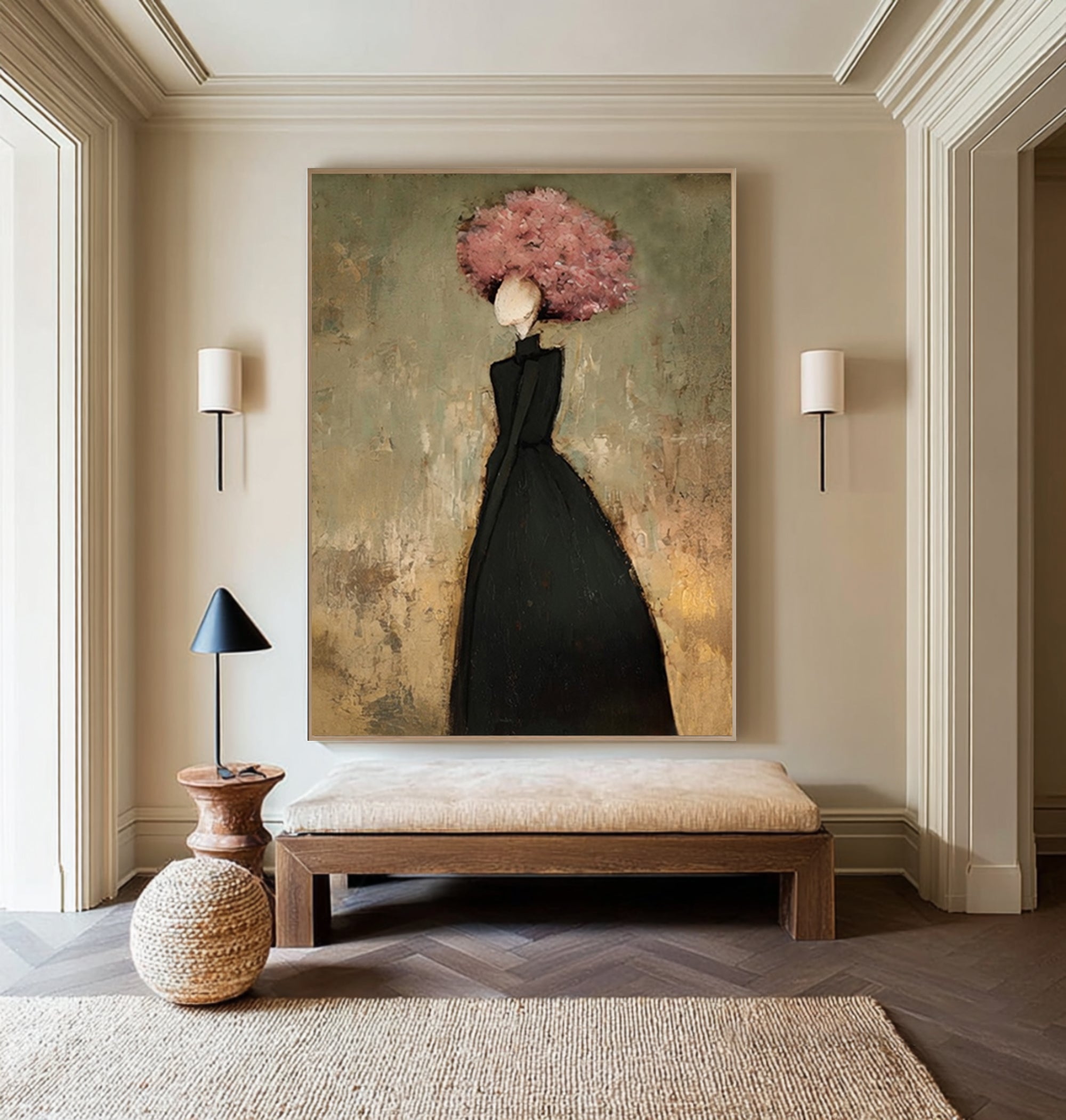 Large Woman Silhouette Wall Art Floral Oil Painting Modern Abstract Black Dress Contemporary Interior Decor