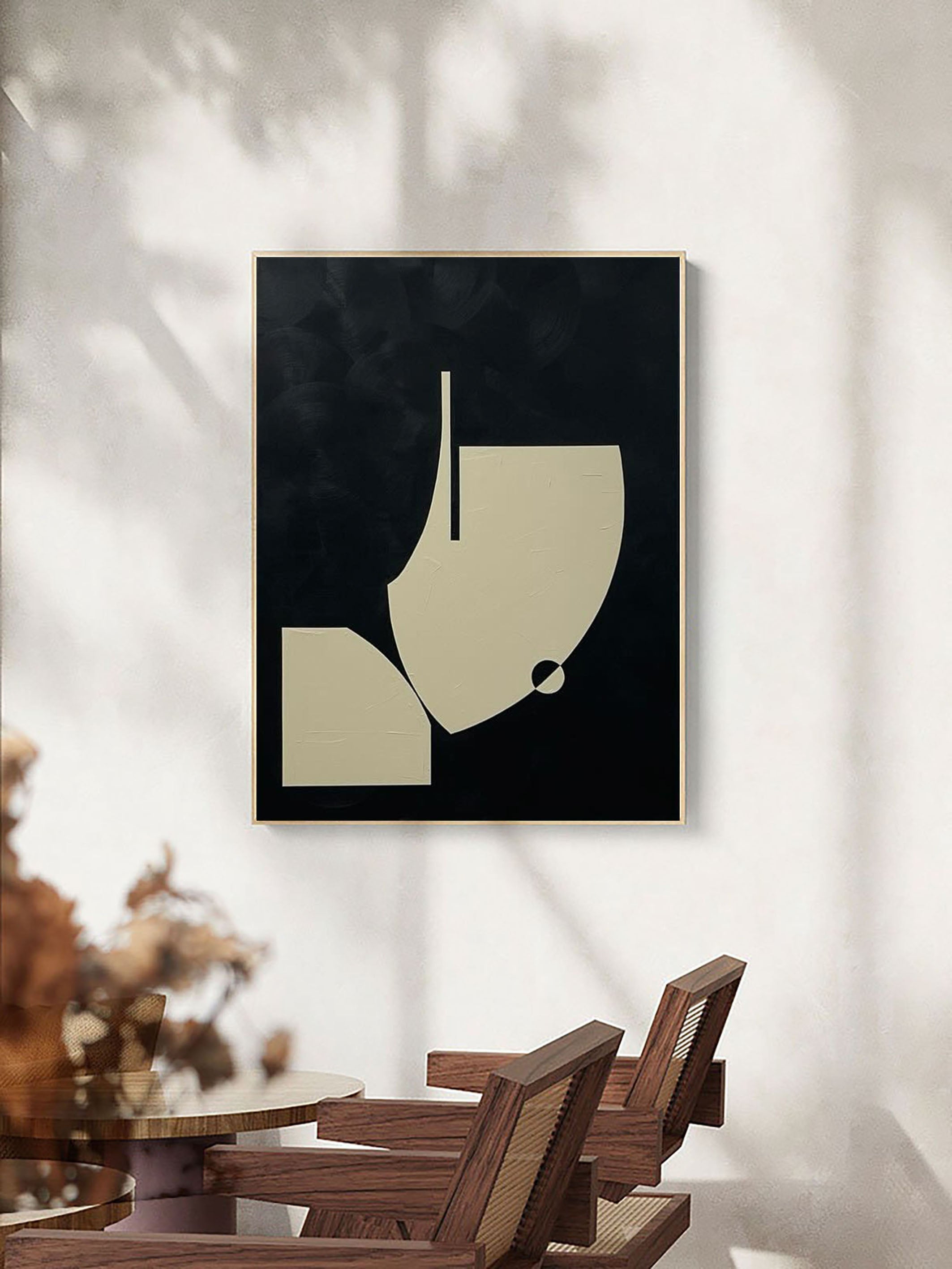 Minimalist Abstract Geometric Painting Chic Black and Beige Design #MM057