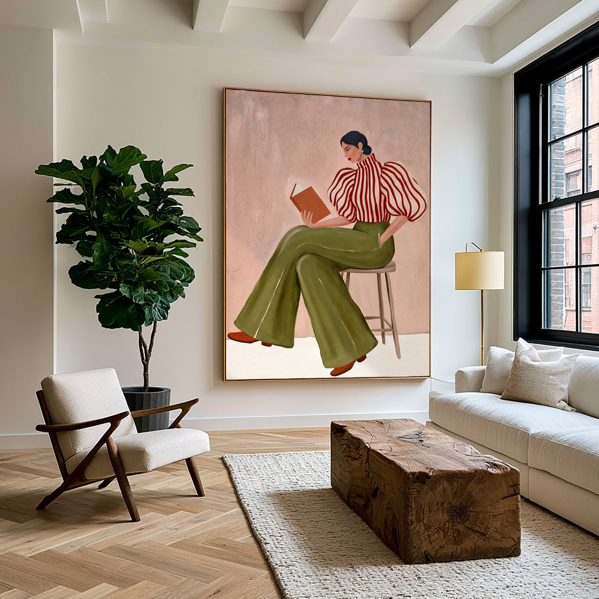 Modern Woman Reading Book Striped Blouse Figurative Painting Wall Art