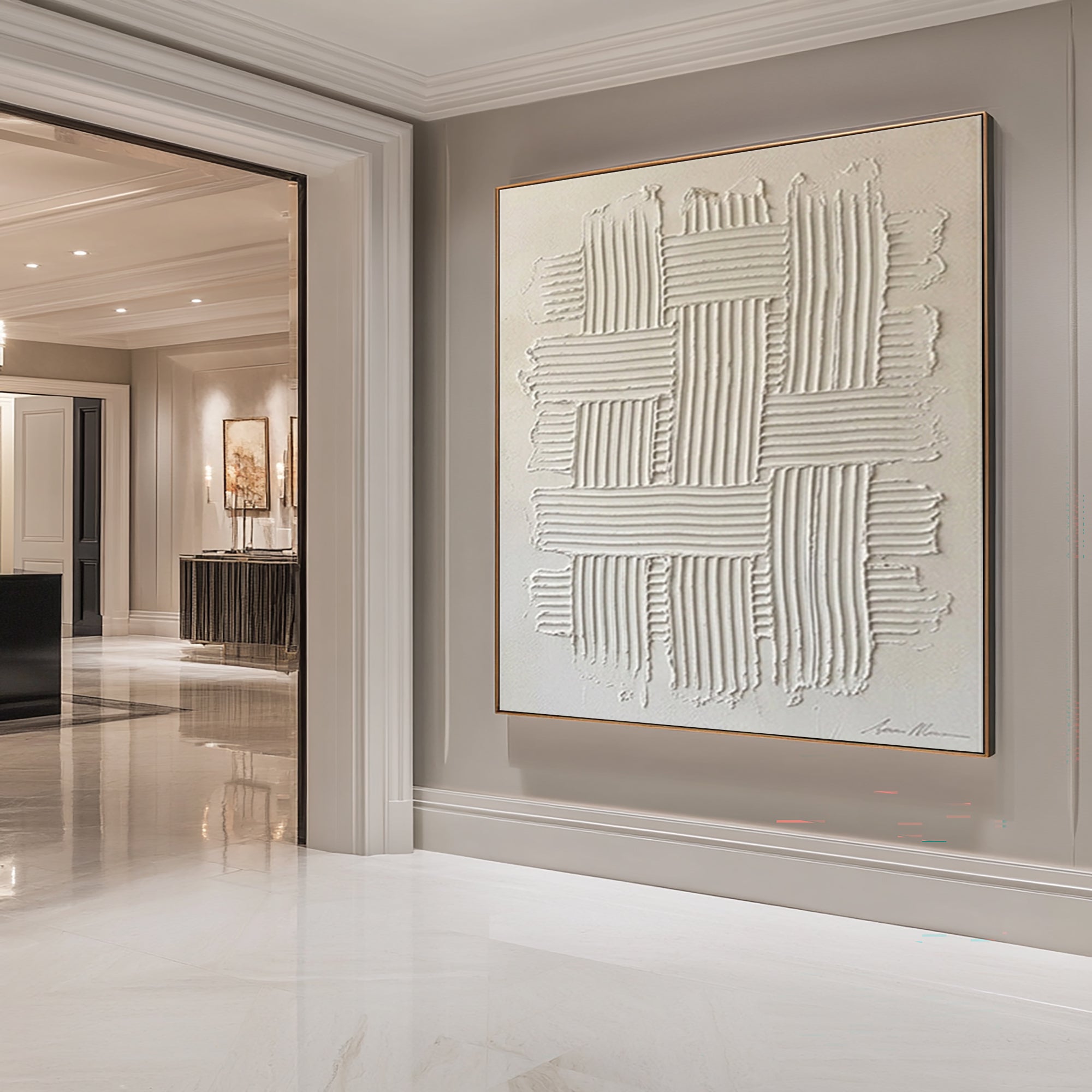 Large Modern Woven Wall Art Hand Painted Textured Neutral Canvas