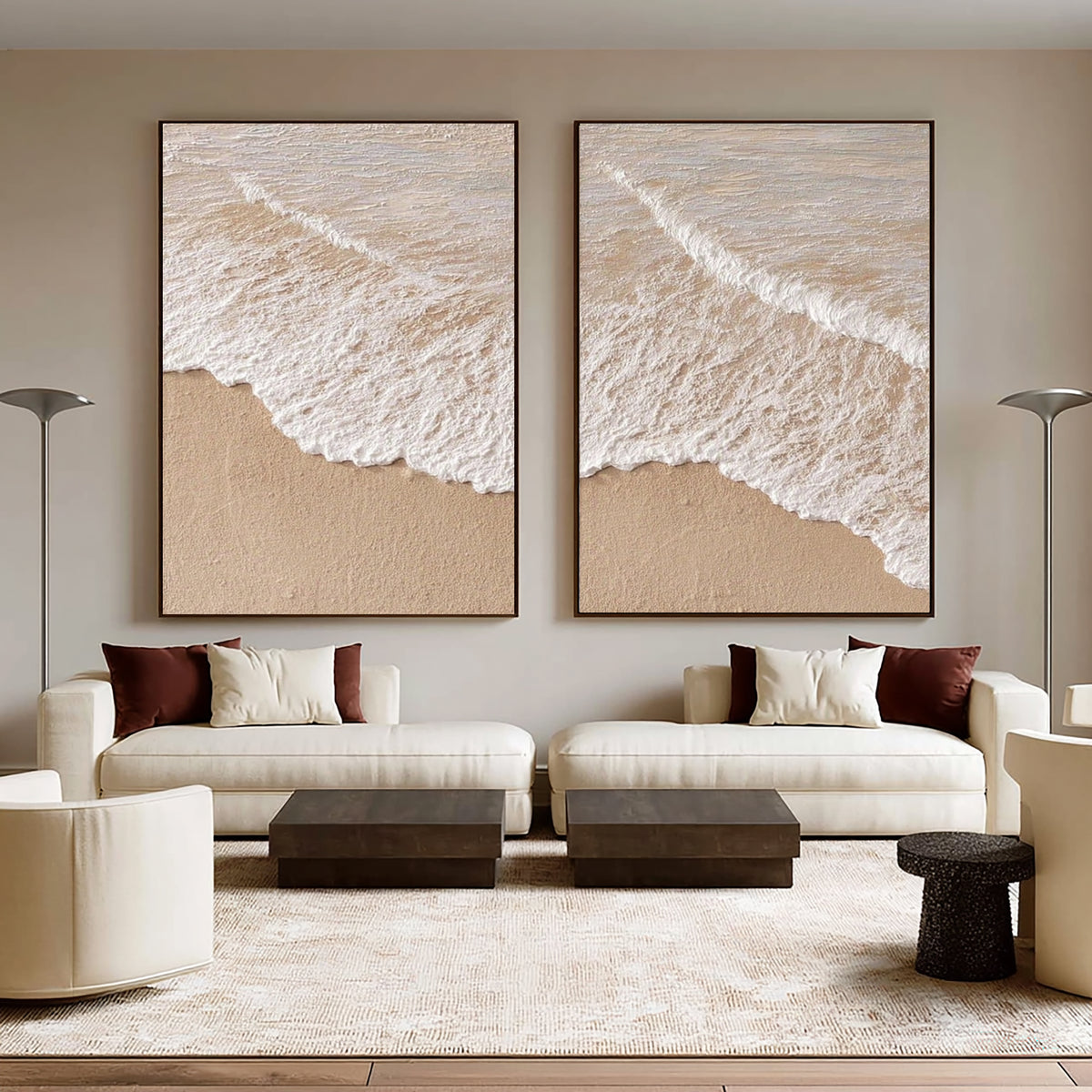 Large Textured Ocean Waves Diptych Wall Art Beige White Coastal Seascape 3D Oil Painting Minimalist Two Piece Canvas Modern Home Decor
