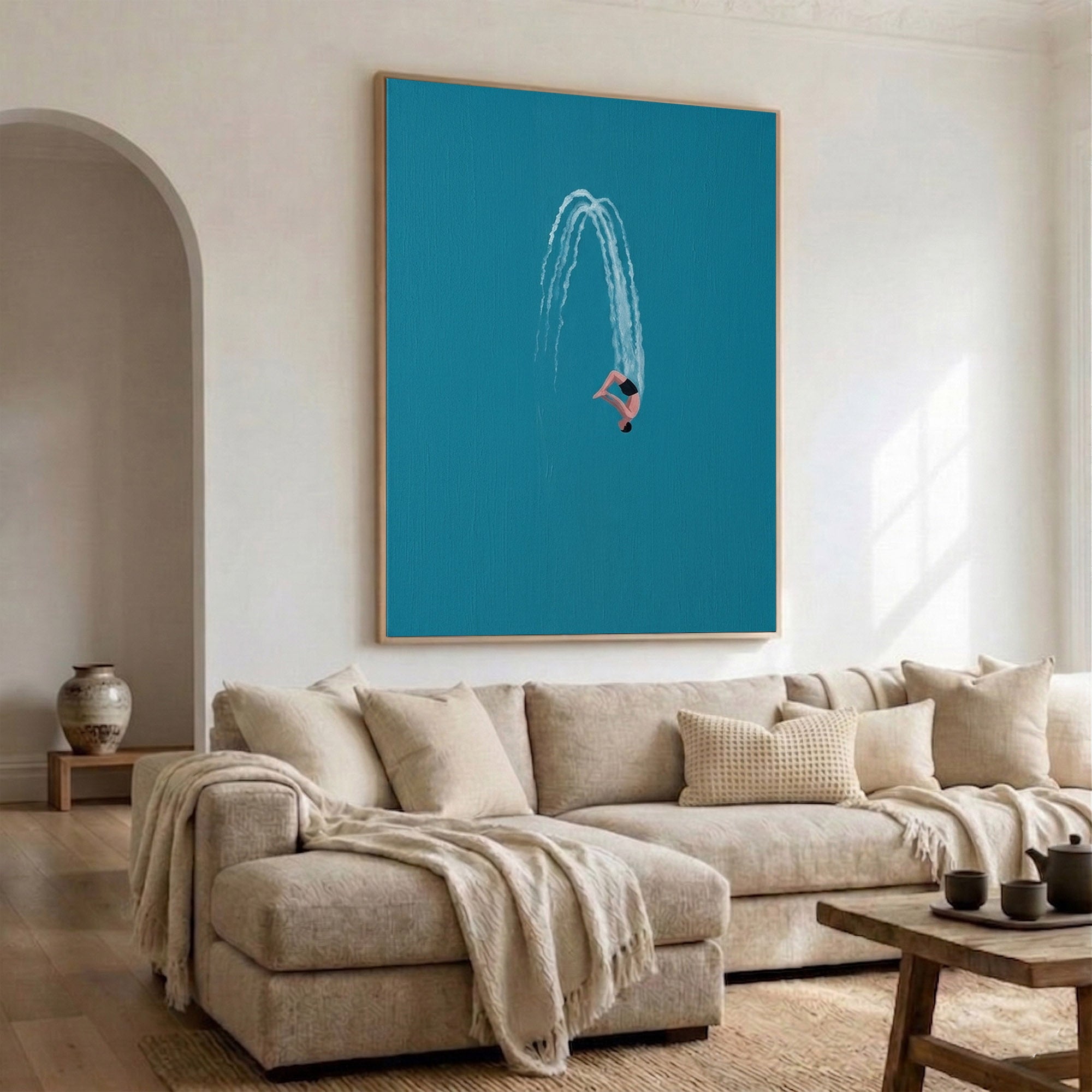 Large Minimalist Diver Wall Art Modern Swimming Oil Painting Coastal Decor