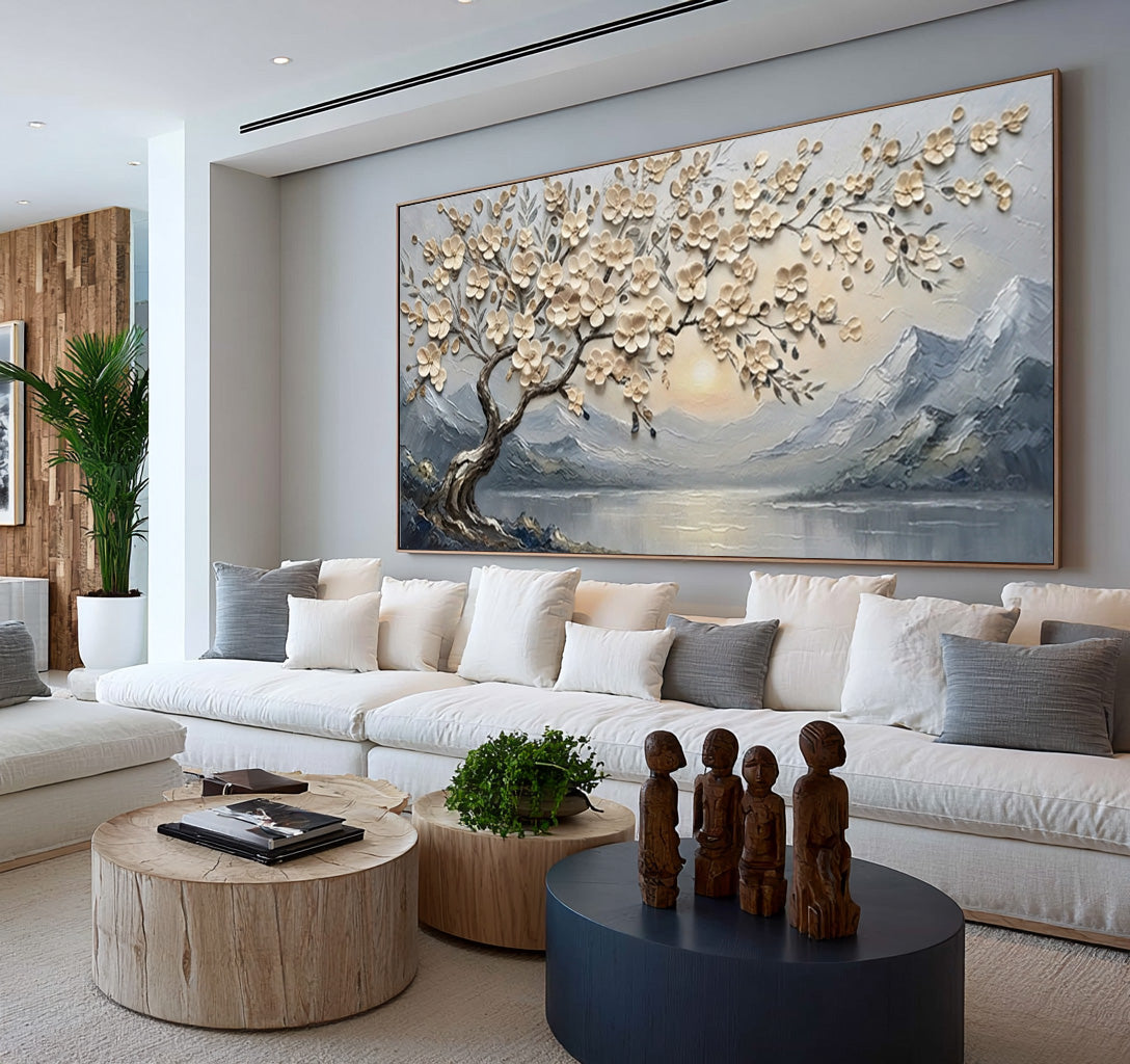 Large Textured Blossom Tree Painting Mountain Lake Living Room Wall Art