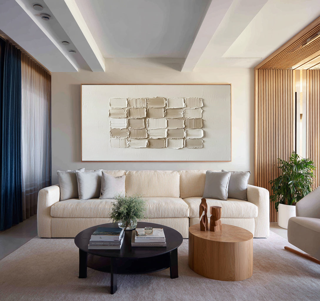 Large Ivory Textured Canvas Art Contemporary Geometric Wall Decor