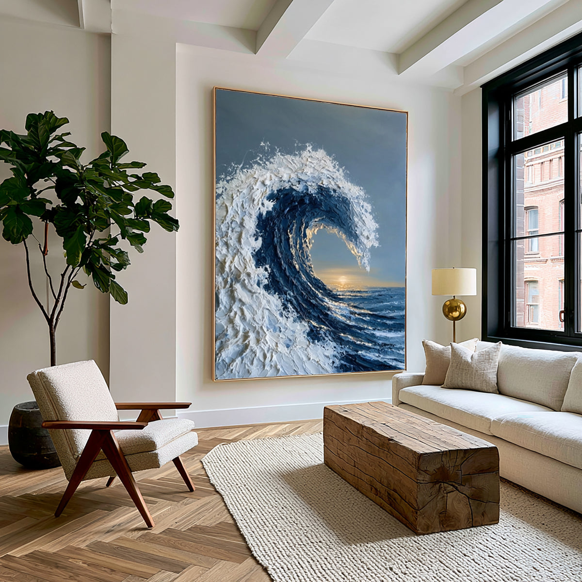 Large Modern Coastal Ocean Wall Art Textured Wave Oil Painting Seascape Cowboy Cowgirl Inspired Vintage Americana Artwork Contemporary Home Decor