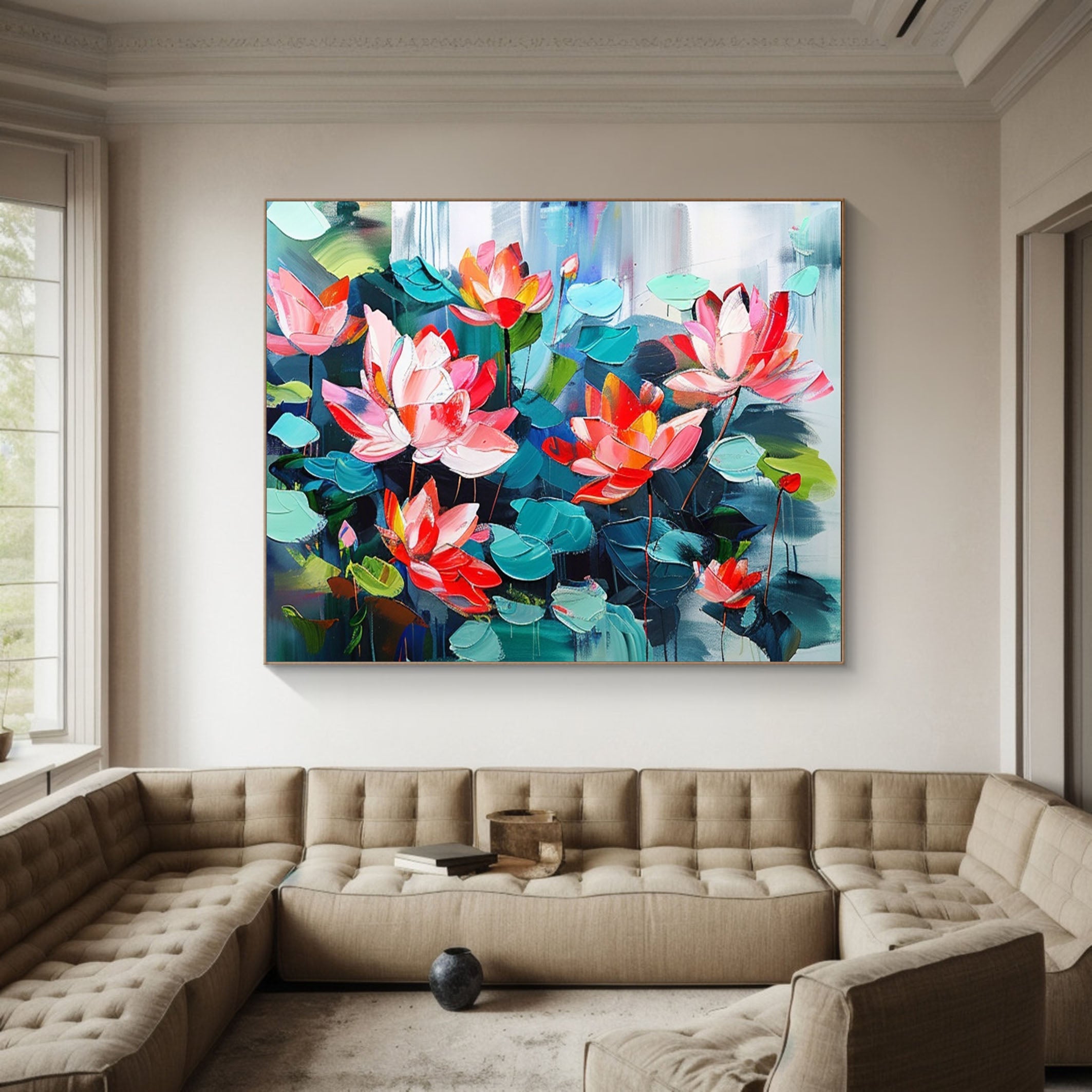 Large Lotus Flower Wall Art Vibrant Canvas Painting  #FB011