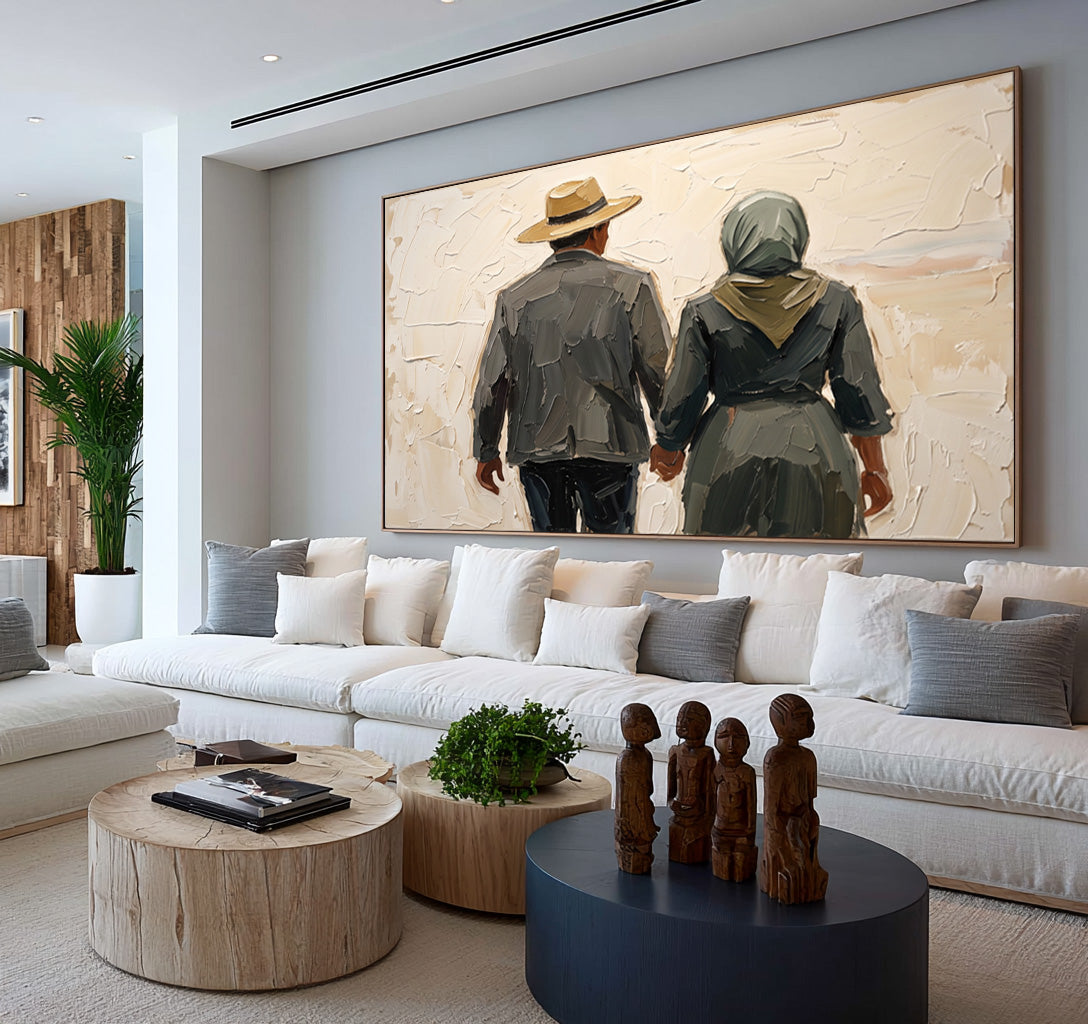 Large Textured Romantic Couple Painting Hand in Hand Love Wall Art