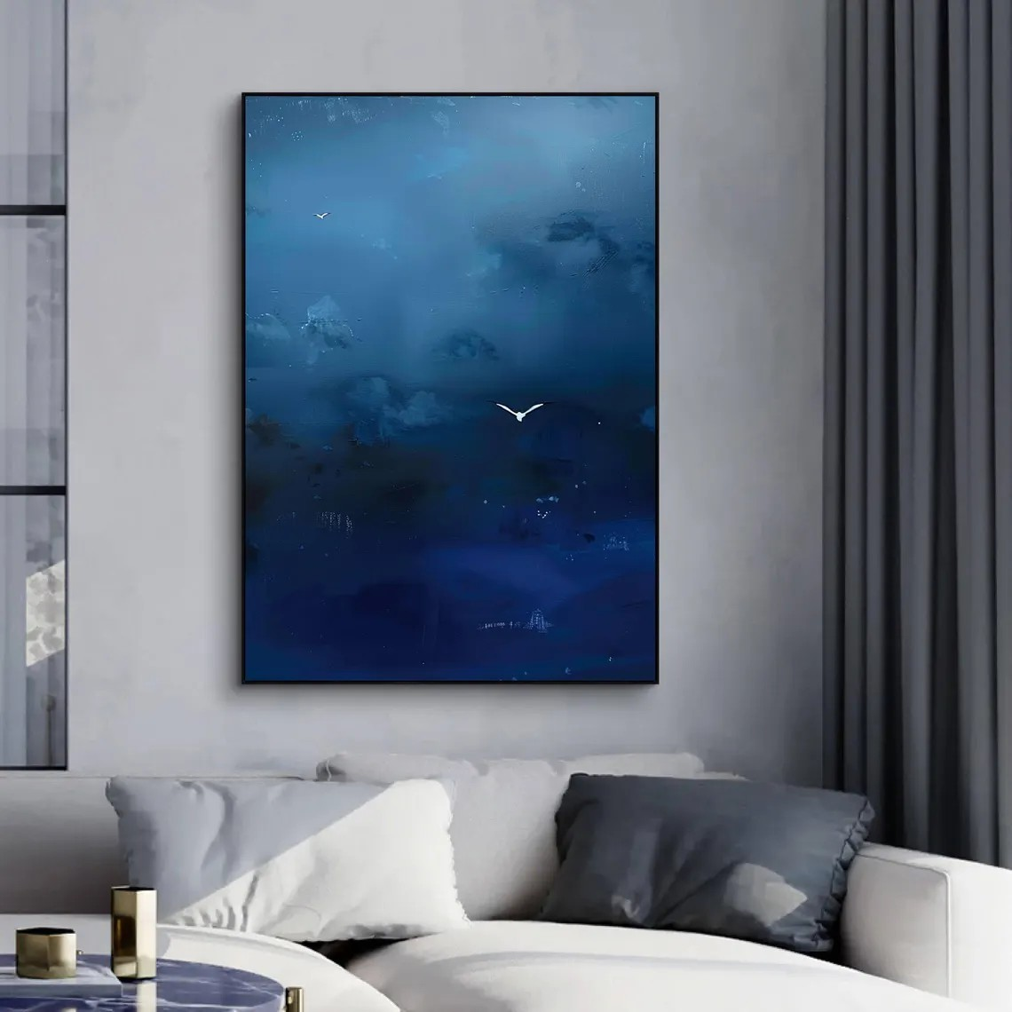 Misty Blue Tonalist Abstract Atmospheric Painting with Birds #MM245