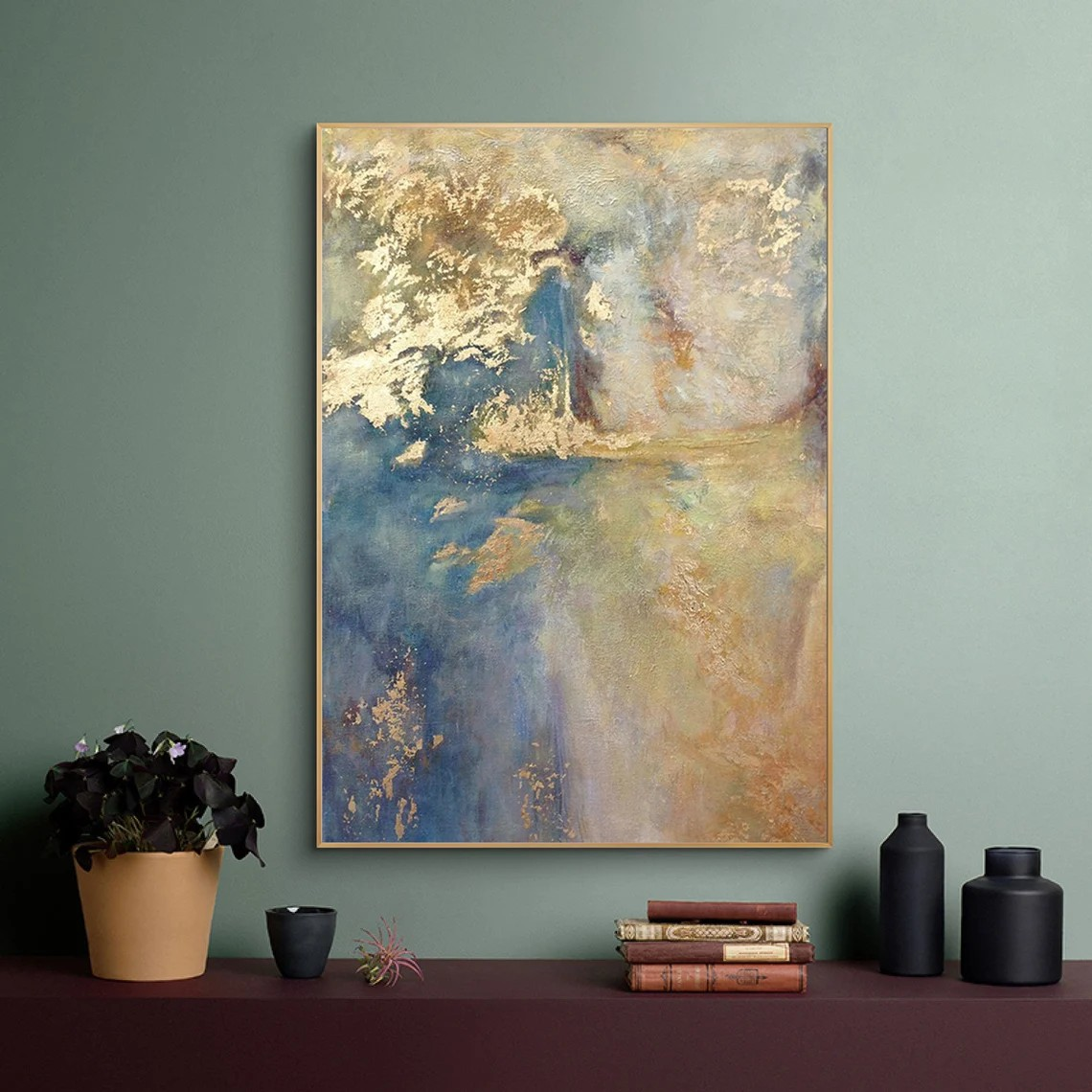 Dreamy Abstract Landscape Textured Blues and Gold Painting #MM226