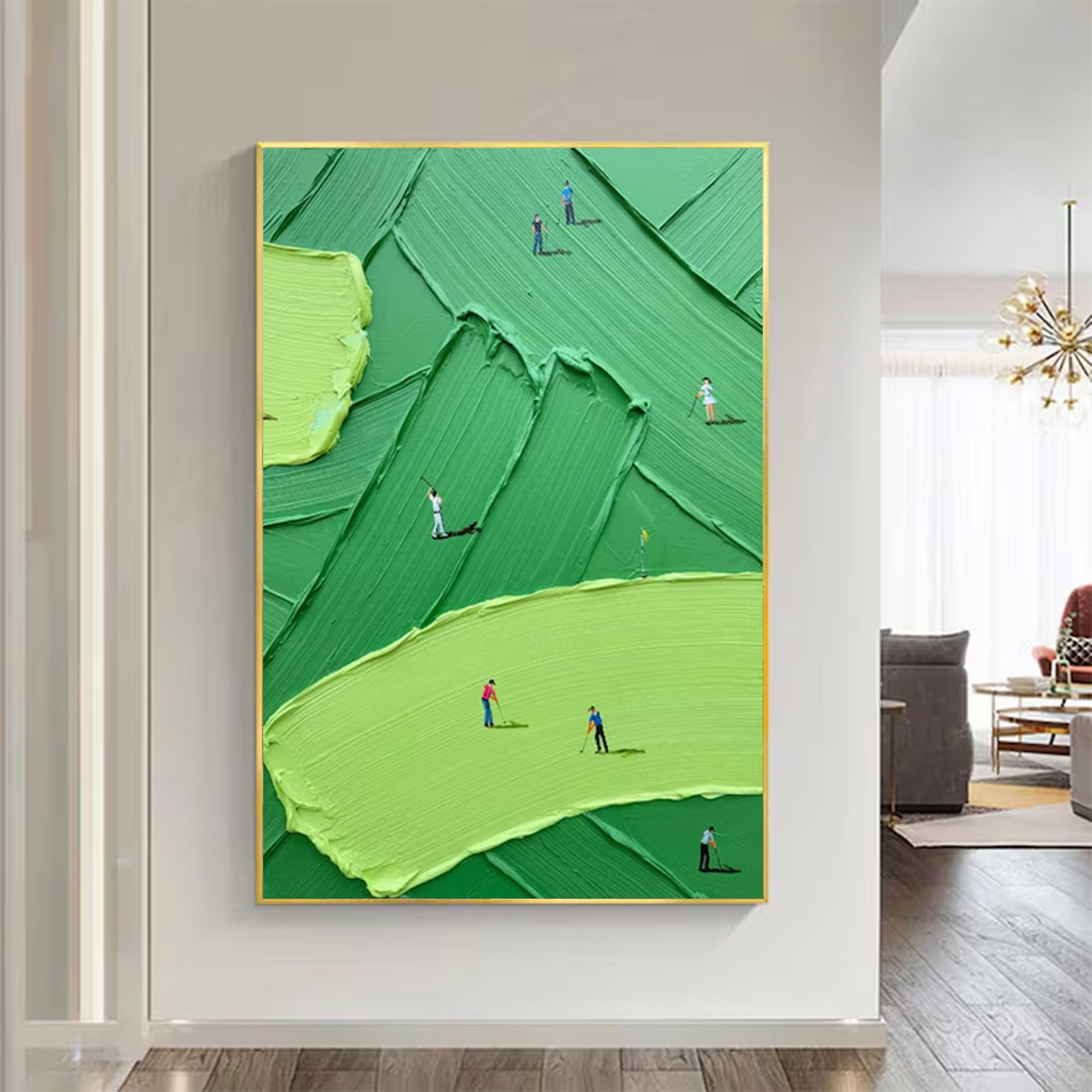 Large Golf Course Painting - Abstract Green with Small Figures | KelorArt #AG 099