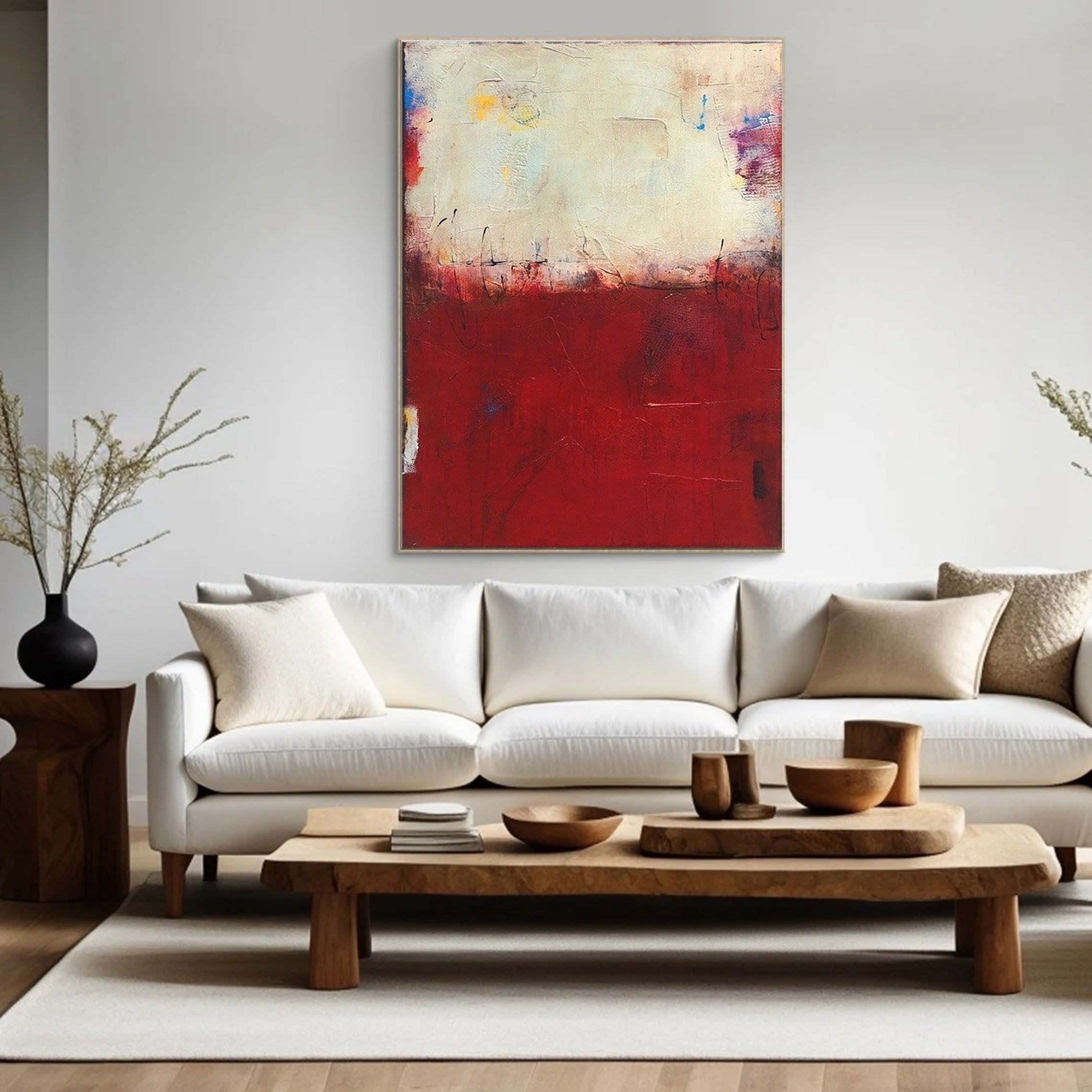 Large Red and Cream Canvas Abstract Wall Art #MM033