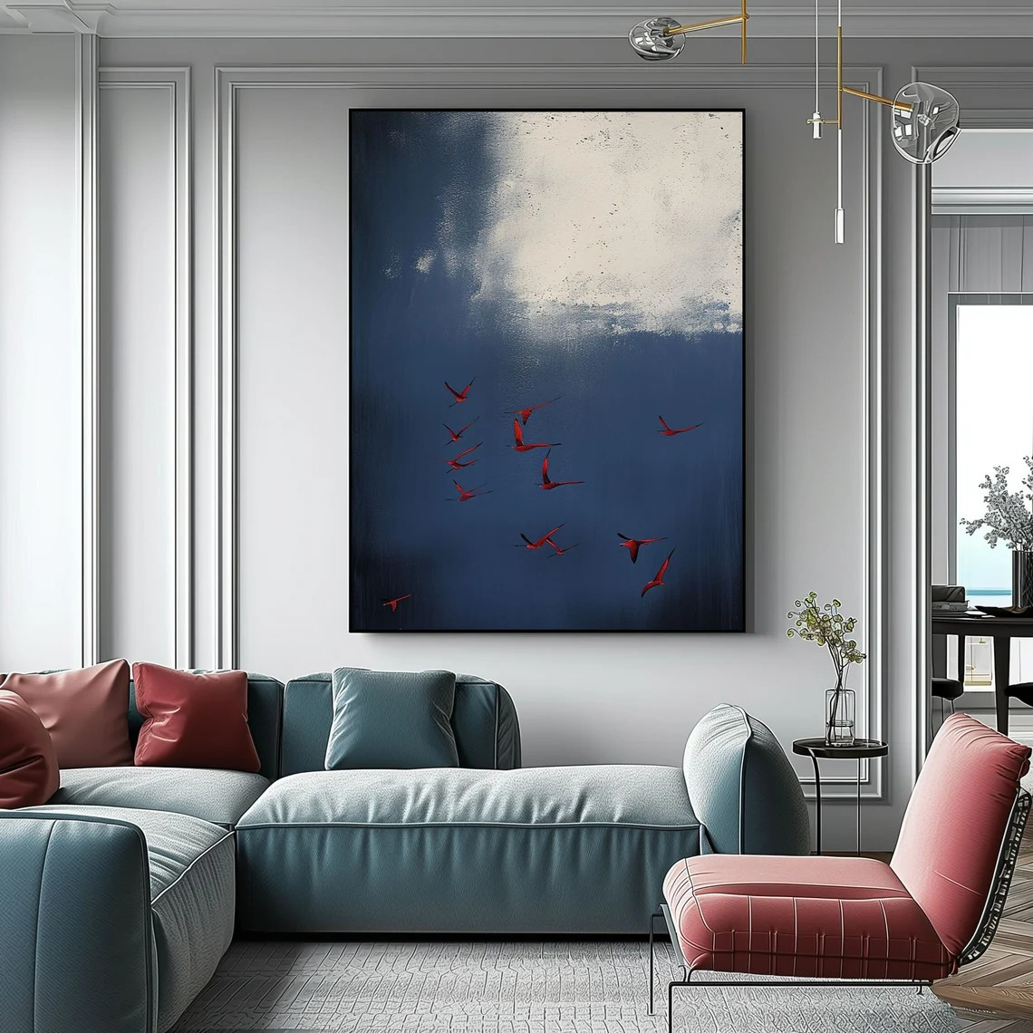 Dramatic Dark Blue Sky & Red Birds Modern Surreal Abstract Art #SP013