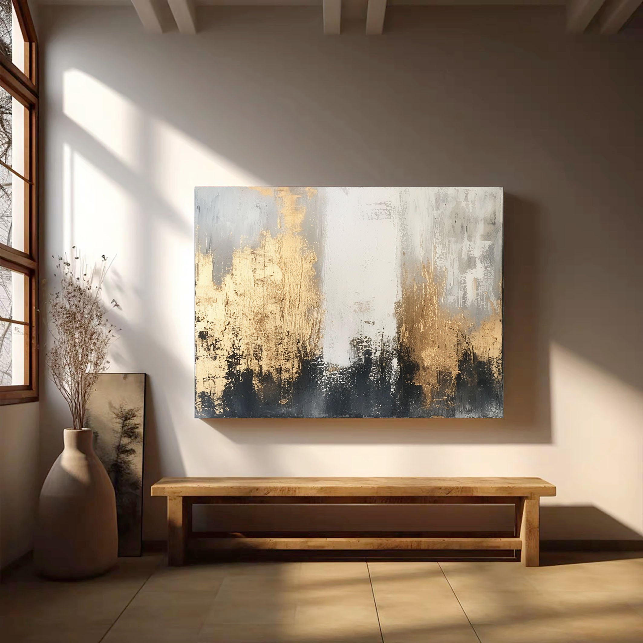 Contemporary Abstract Canvas Bold Brush Strokes in Gold and Black #AB016