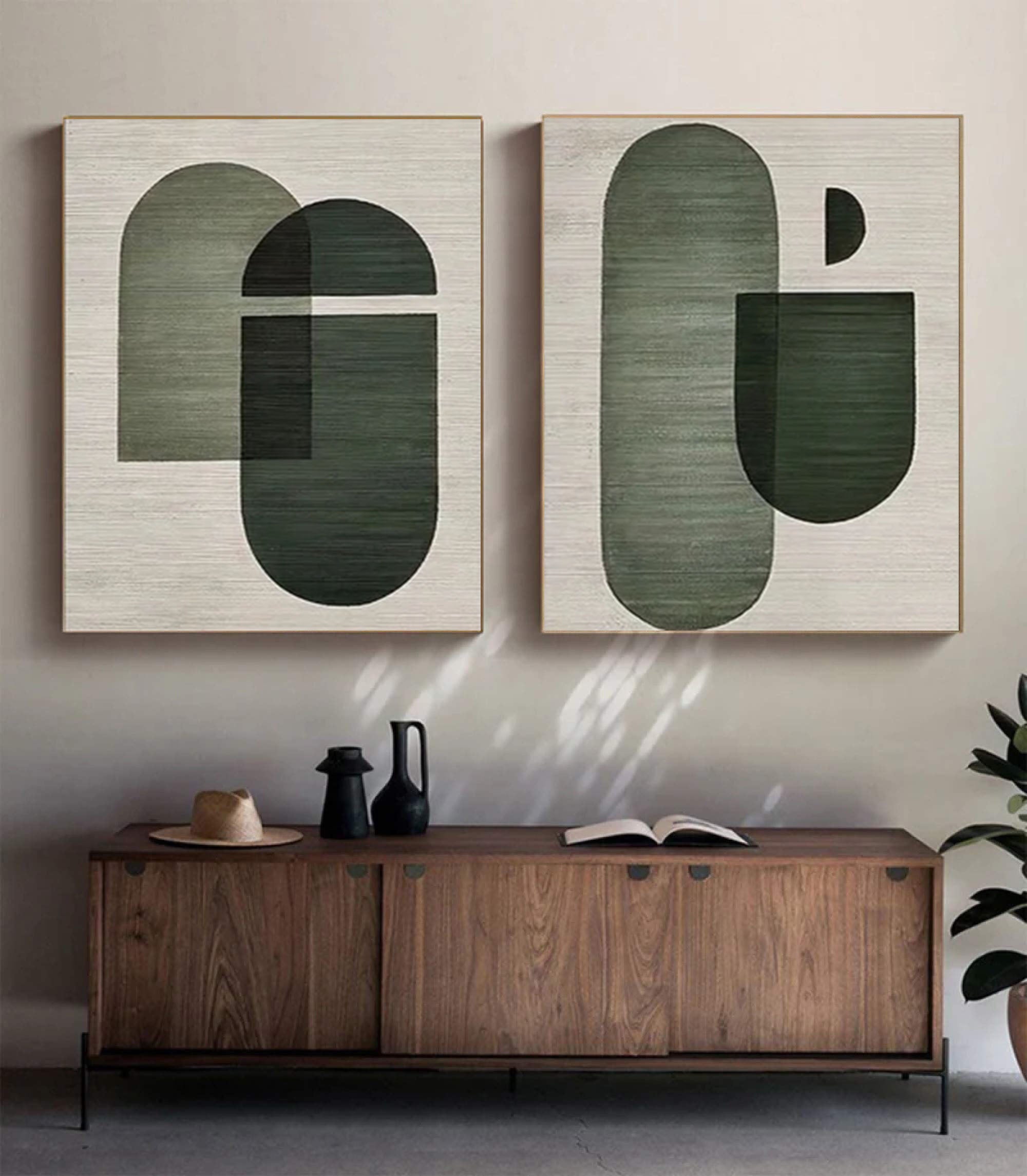 Geometric Minimalist Canvas Set Neutral and Green Art #MMS066