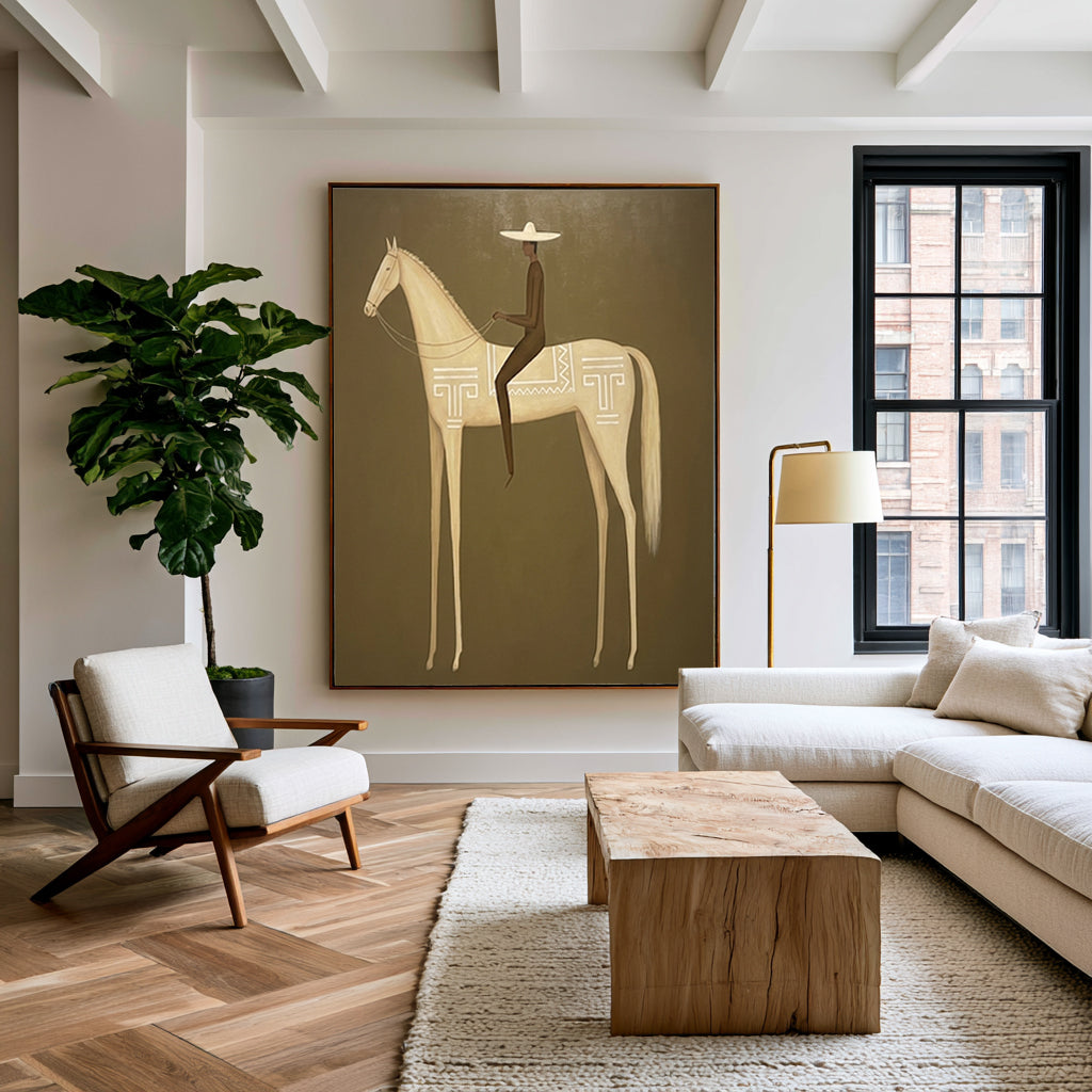 Large Minimalist Americana Horse Rider Wall Art Equestrian Oil Painting Cowboy Cowgirl Inspired Western Artwork Modern Interior Decor