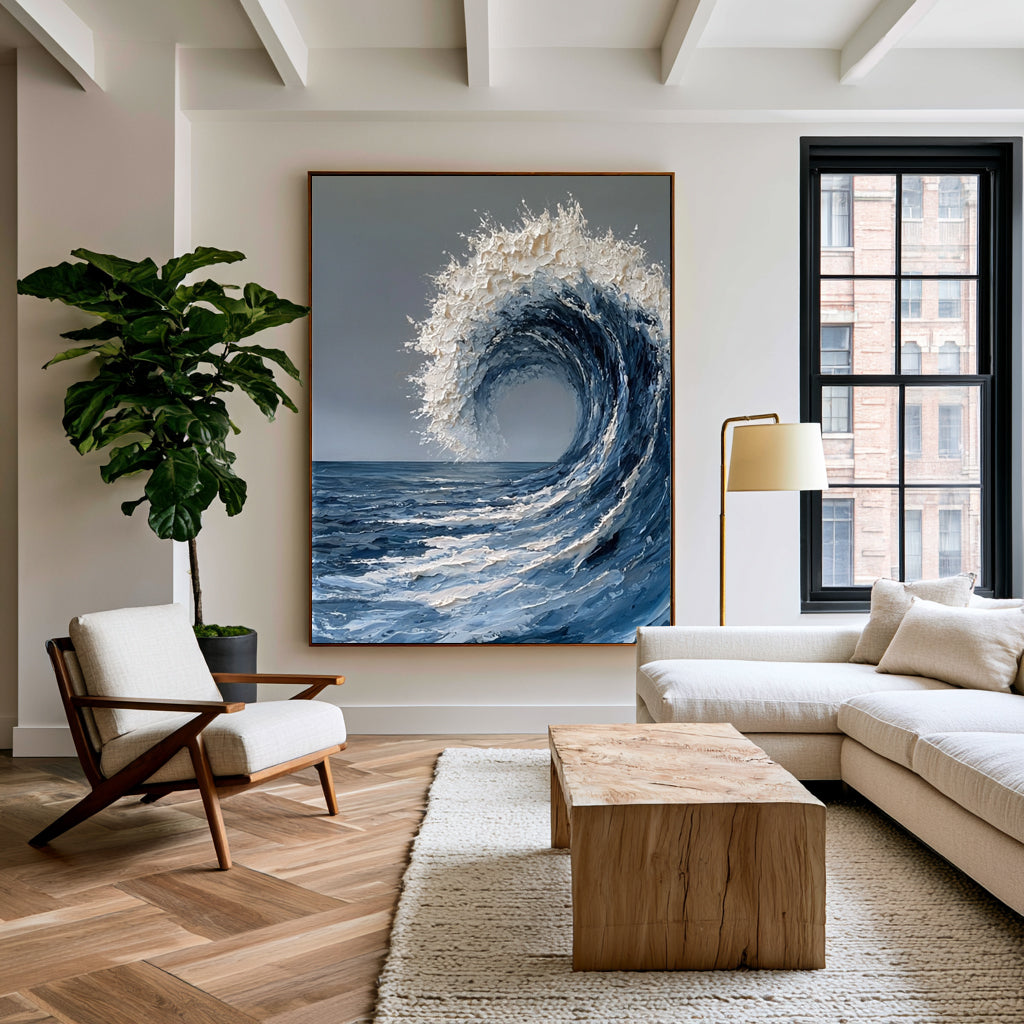 Large Hand Painted Ocean Wave Wall Art Textured Oil Painting Coastal Seascape Cowboy Cowgirl Inspired Vintage Americana Artwork Interior Decor