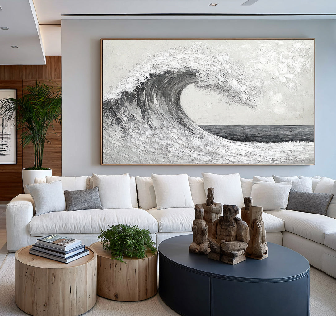 Wave In Motion Textured Ocean Artwork Handmade Monochrome Seascape Large Coastal Wall Painting Modern Decor