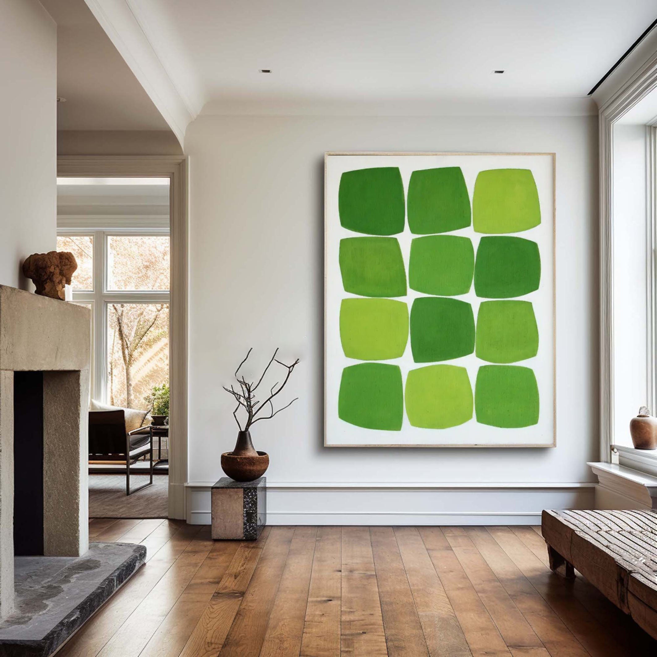 Contemporary Green Squares Abstract Painting Minimalist Design #AB019