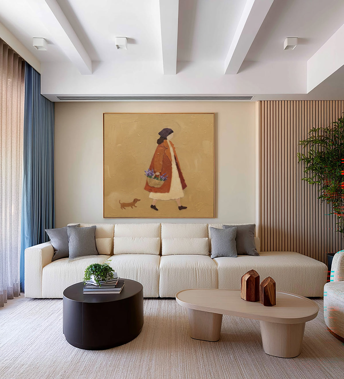 A Stroll Through The Countryside Woman Walking Dog Original Figurative Painting Warm Rustic Wall Art
