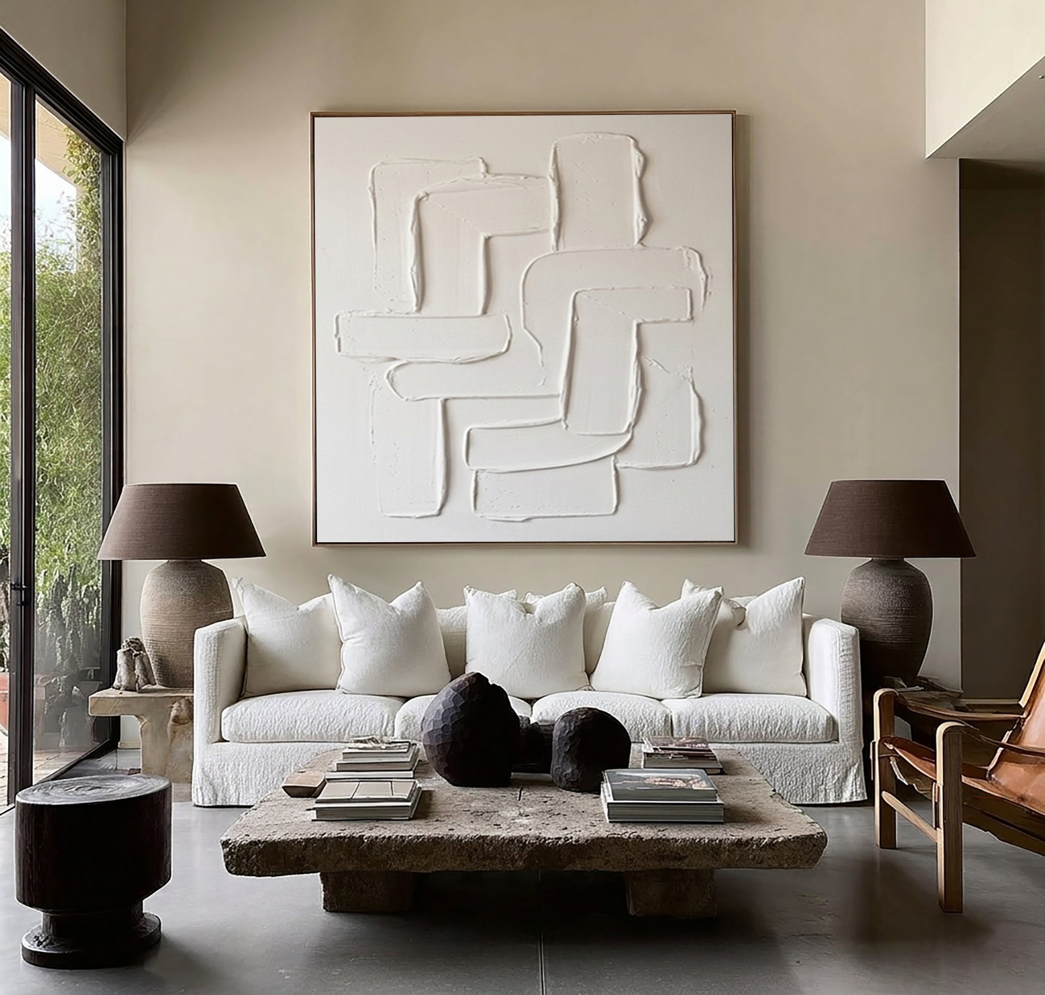 Large Neutral Sculptural Wall Art Hand Painted Curved Texture Canvas