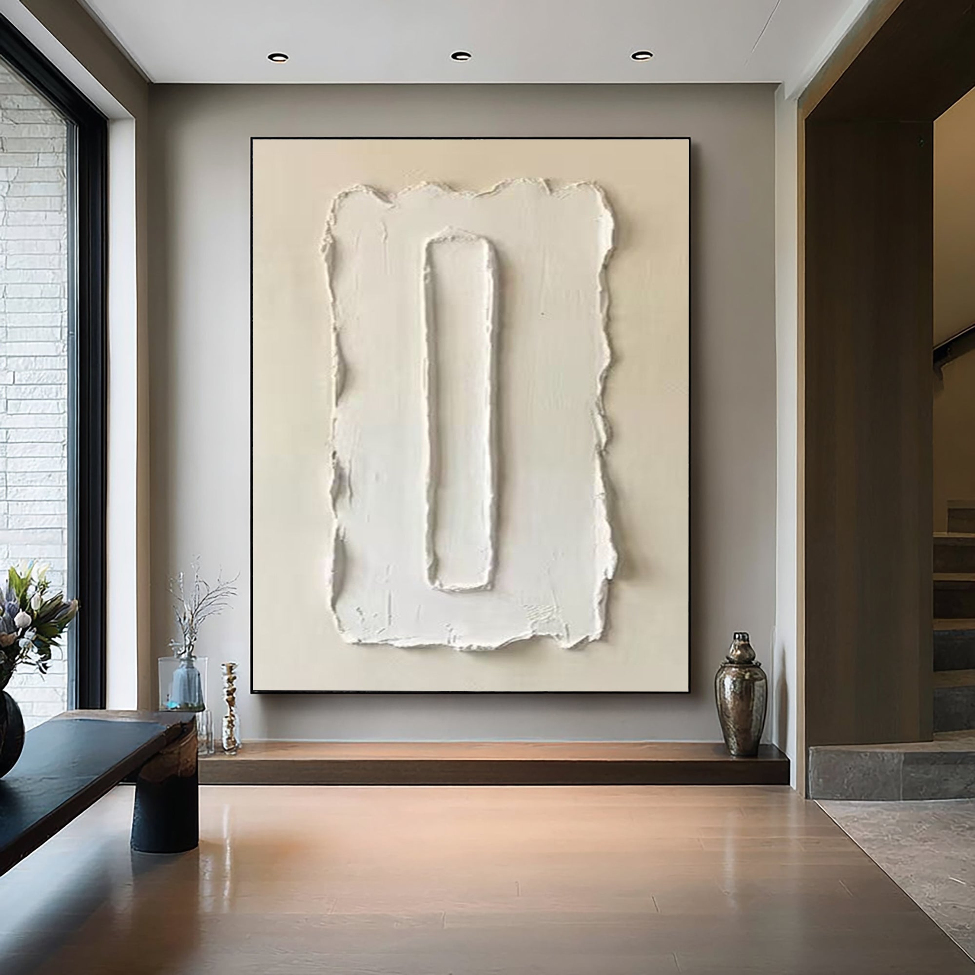 Large Abstract Oil Painting with Sculptural Vertical Texture Design
