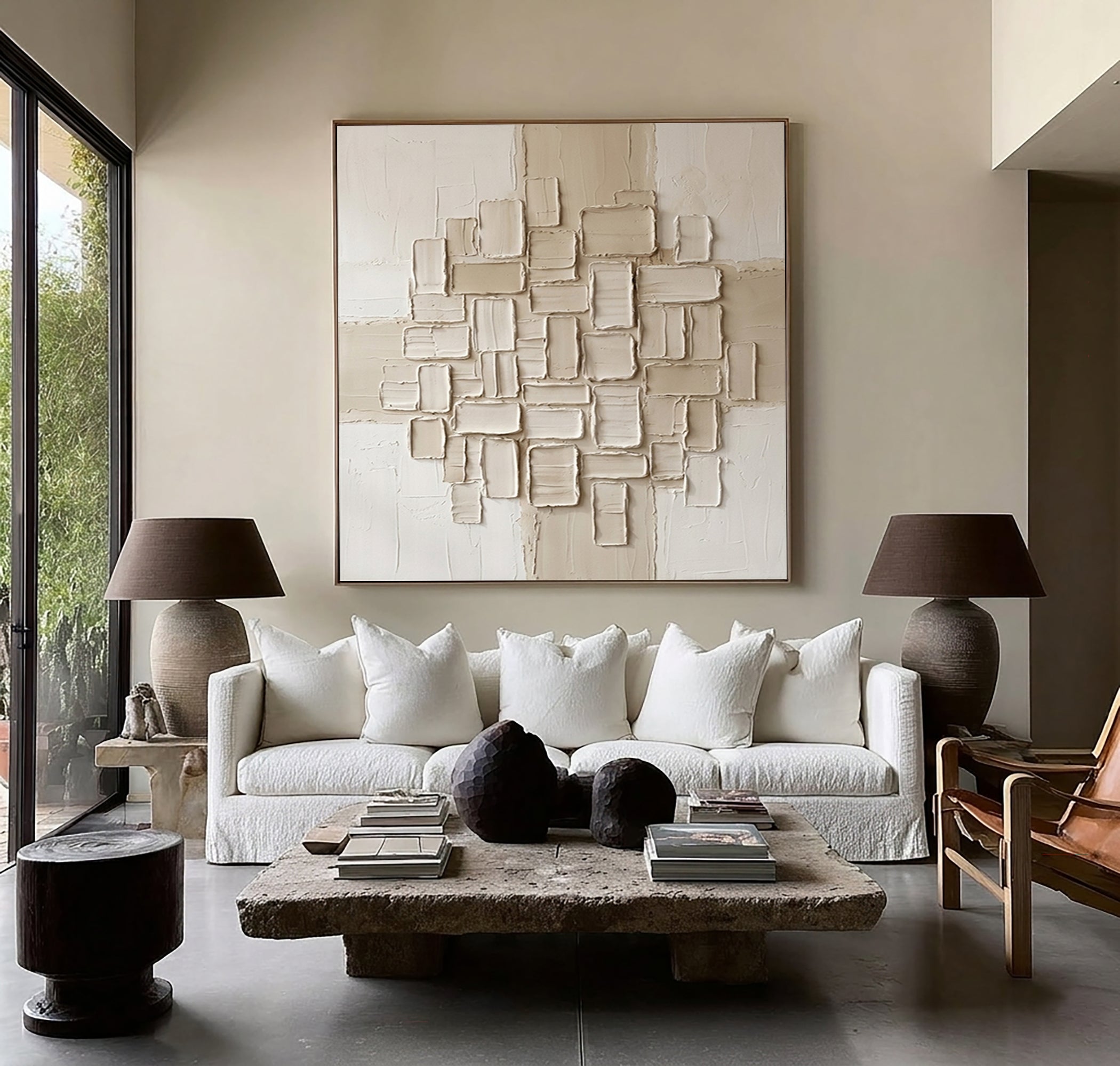 Large Geometric Textured Canvas Art Contemporary Neutral Wall Decor