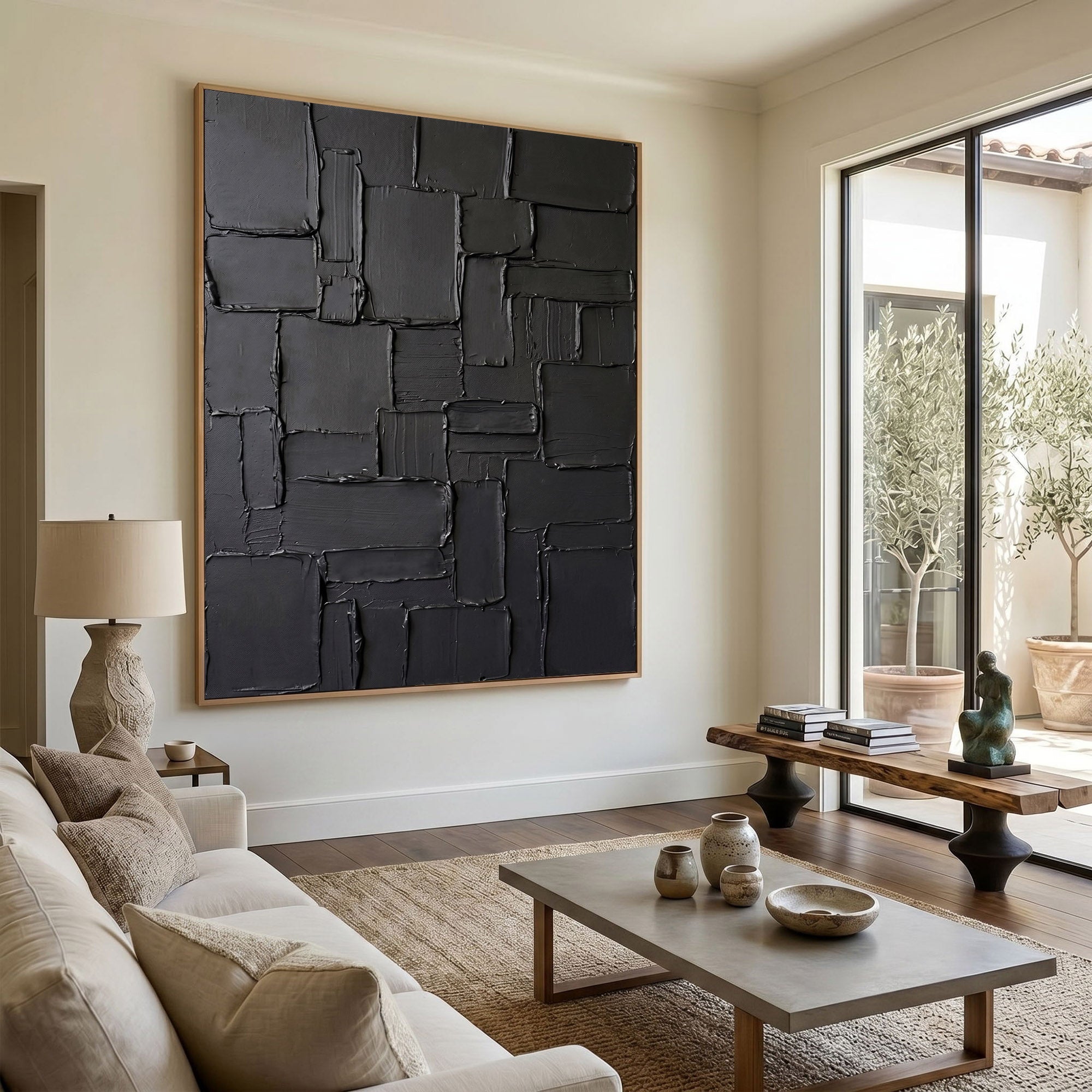 Modern Black Abstract Wall Art Textured 3D Relief Canvas Painting Architectural Minimalist Decor