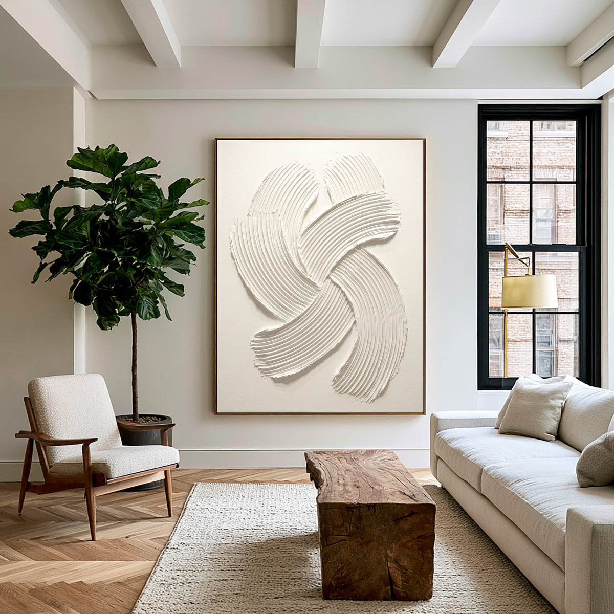 Rhythmic Curves Handmade Textured Abstract Artwork White Sculptural Relief Painting Contemporary Wall Decor