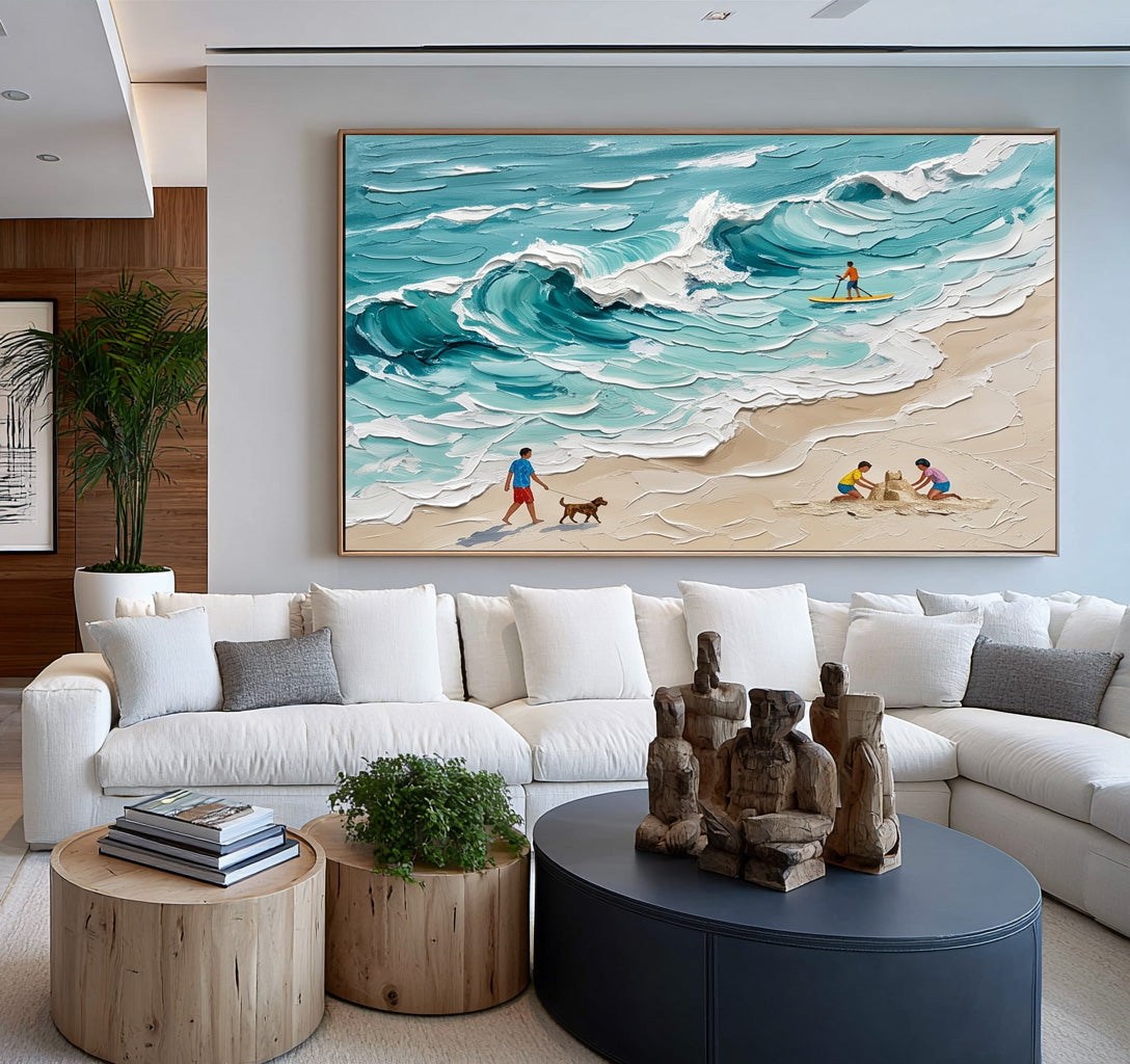Large Textured Oil Painting Family Beach Scene Turquoise Ocean Coastal Art