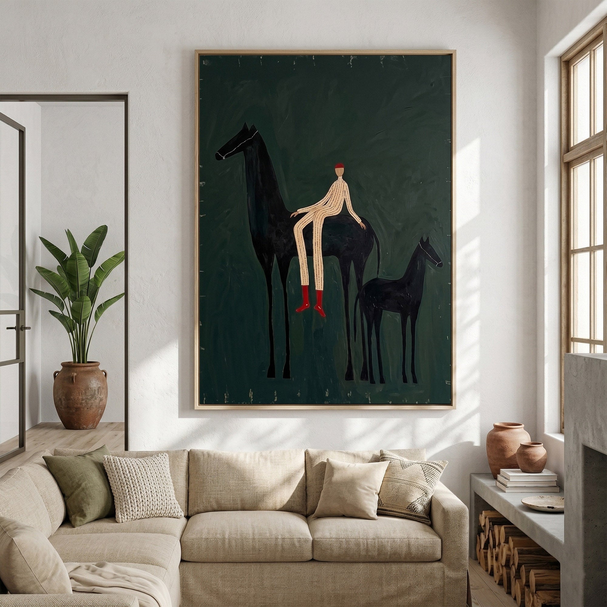 Large Cowboy Horse Wall Art Green Western Equestrian Painting