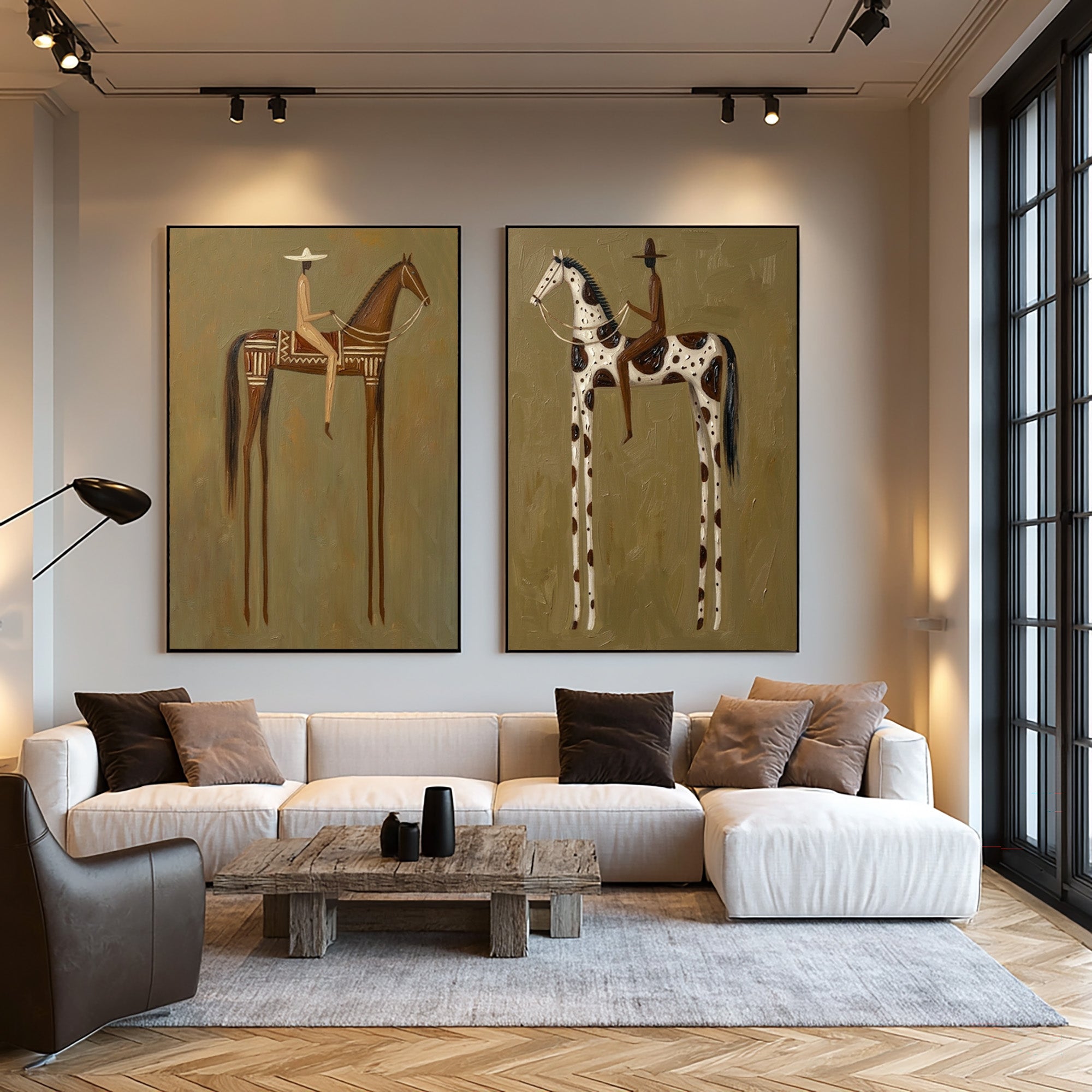 Large Cowboy Horse Wall Art Modern Western Heritage Diptych Canvas