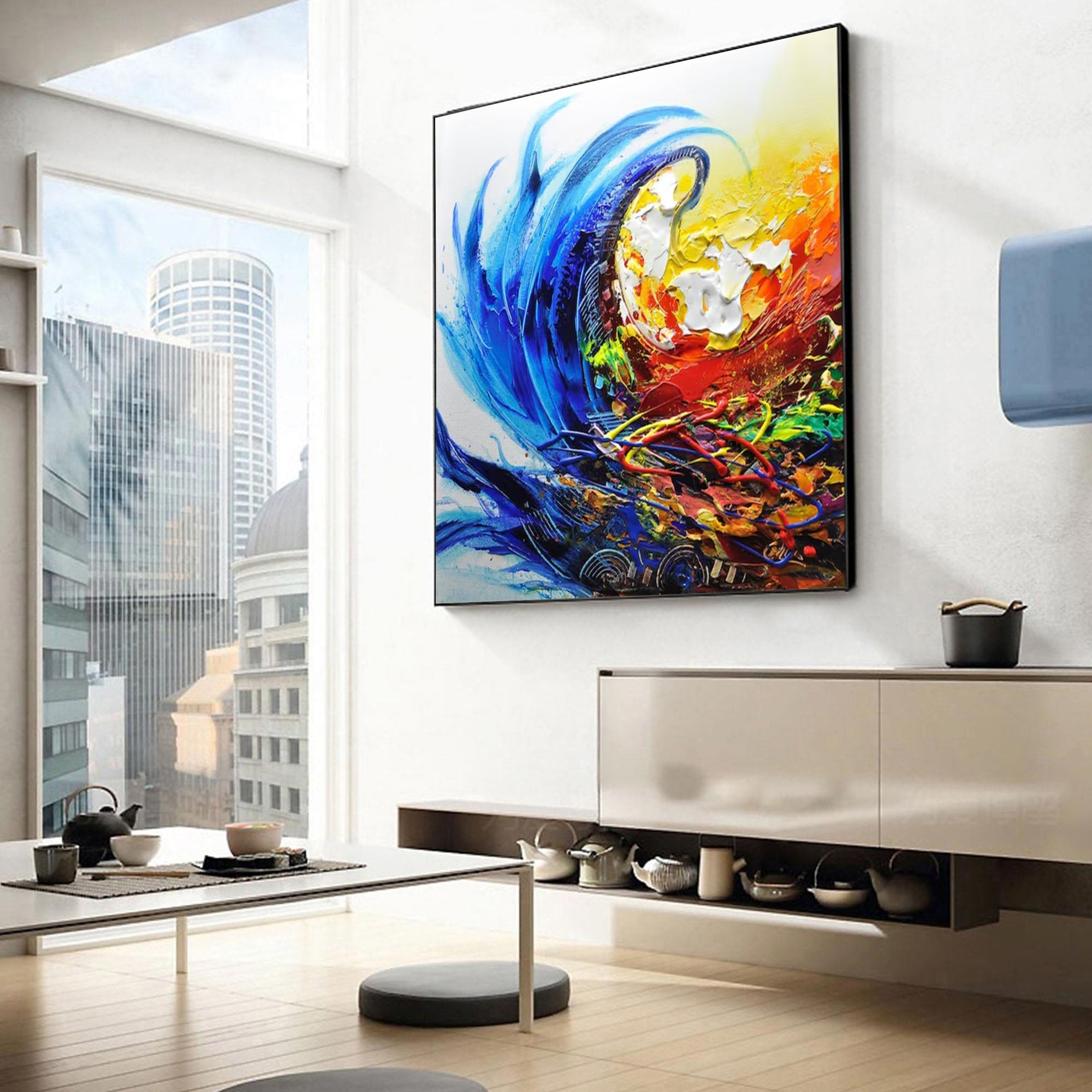 Dynamic Abstract Wave Painting in Bold Colors #AB036