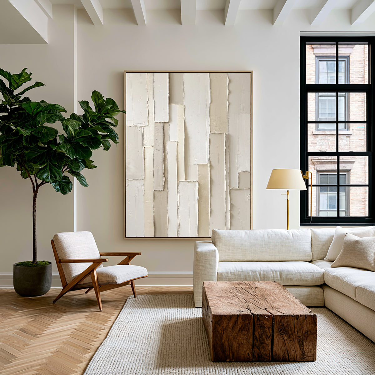 Large White Sculptural Relief Wall Art 3D Textured Abstract Oil Painting Layered Geometric Blocks Neutral Minimalist Luxury Home Decor