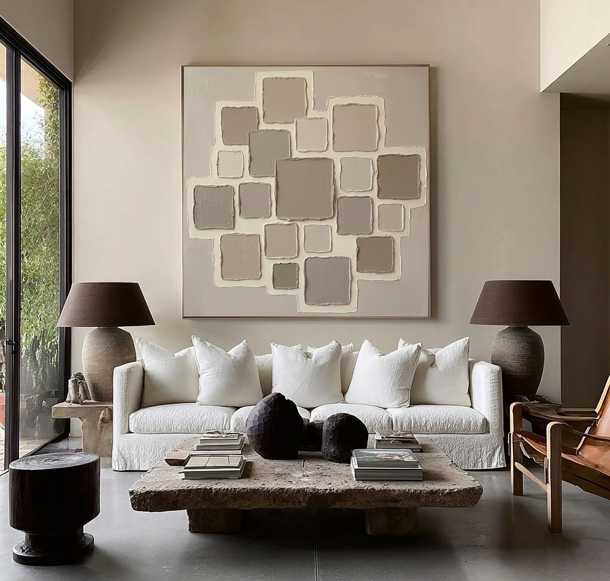 Large Minimalist Beige Oil Painting – Luxury Neutral Texture Canvas Art