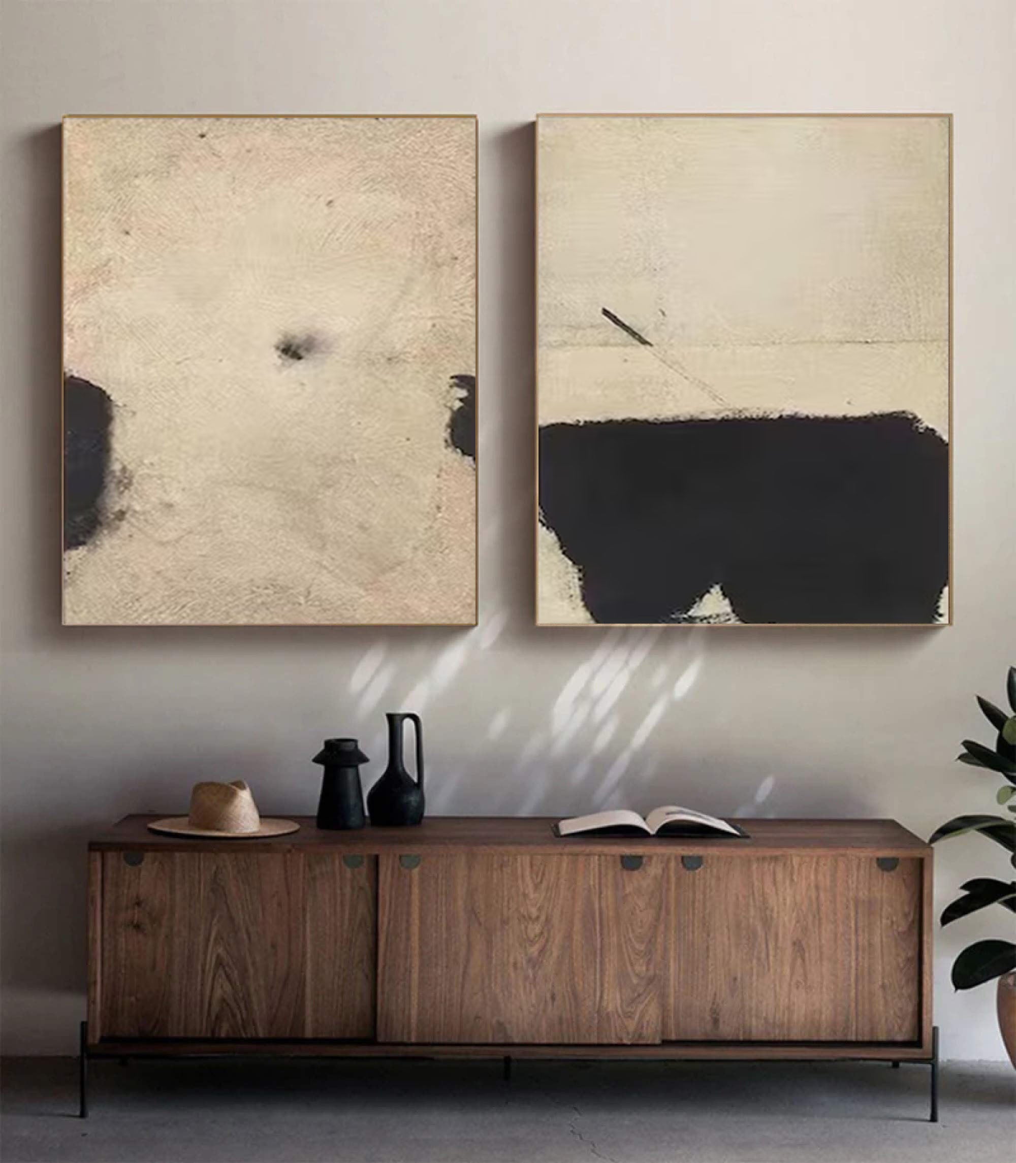 Minimalist Black and Beige Diptych Canvas Wall Art #MMS065