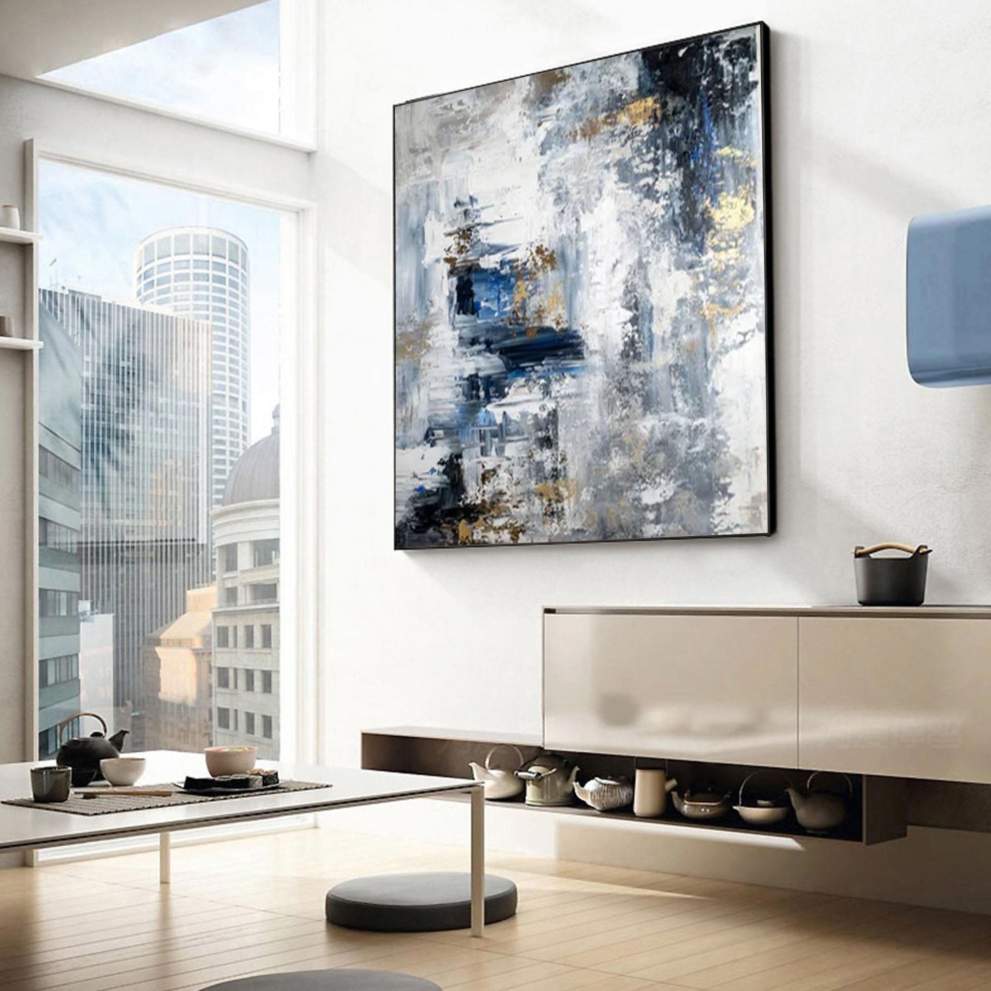 Modern Abstract Canvas with Blue and White Tones #AB068