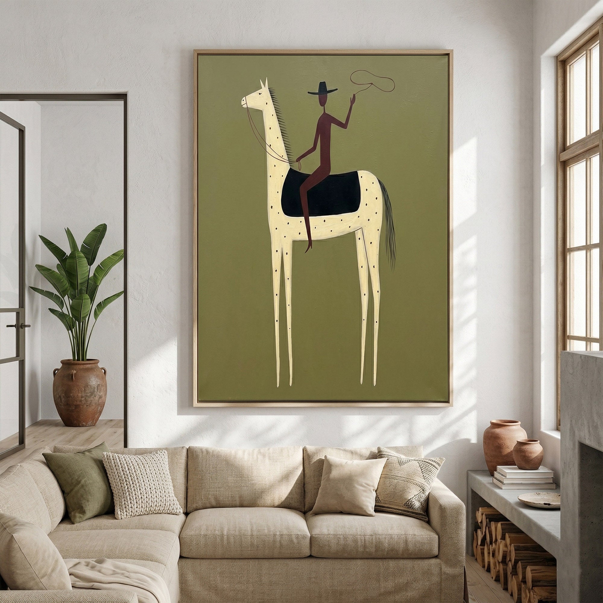 Large Lone Cowboy Wall Art Contemporary Horse Painting Western Artwork