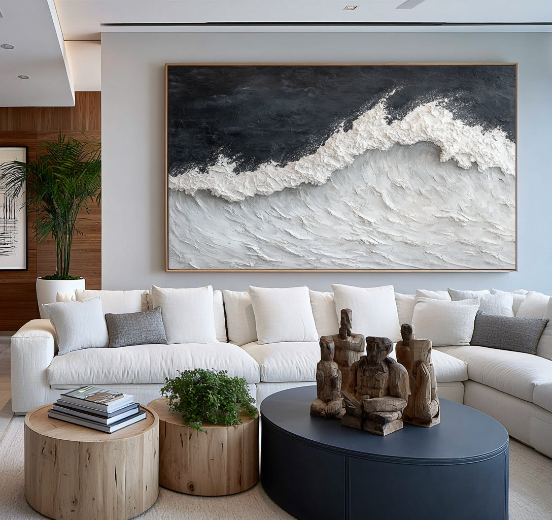 Stormy Sea Waves Textured Coastal Artwork Handmade Ocean Painting Gray White Contemporary Wall Decor