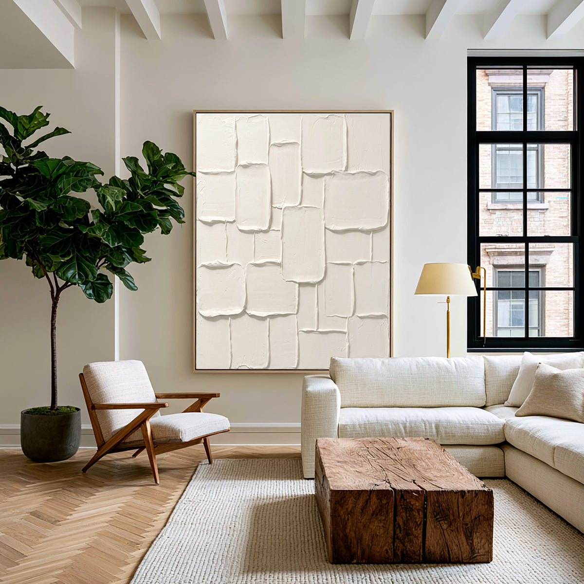 Large Ivory Modern Plaster Collage Wall Art Neutral Abstract Oil Painting Raised Rounded Rectangles Thick Impasto Texture Contemporary Minimalist Luxury Home Decor