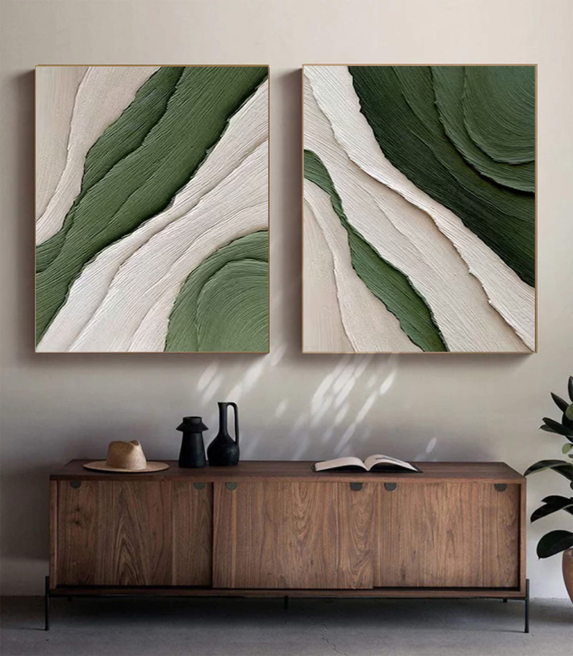 Contemporary Green and Neutral Textured Wall Art Set of 2 #MMS067